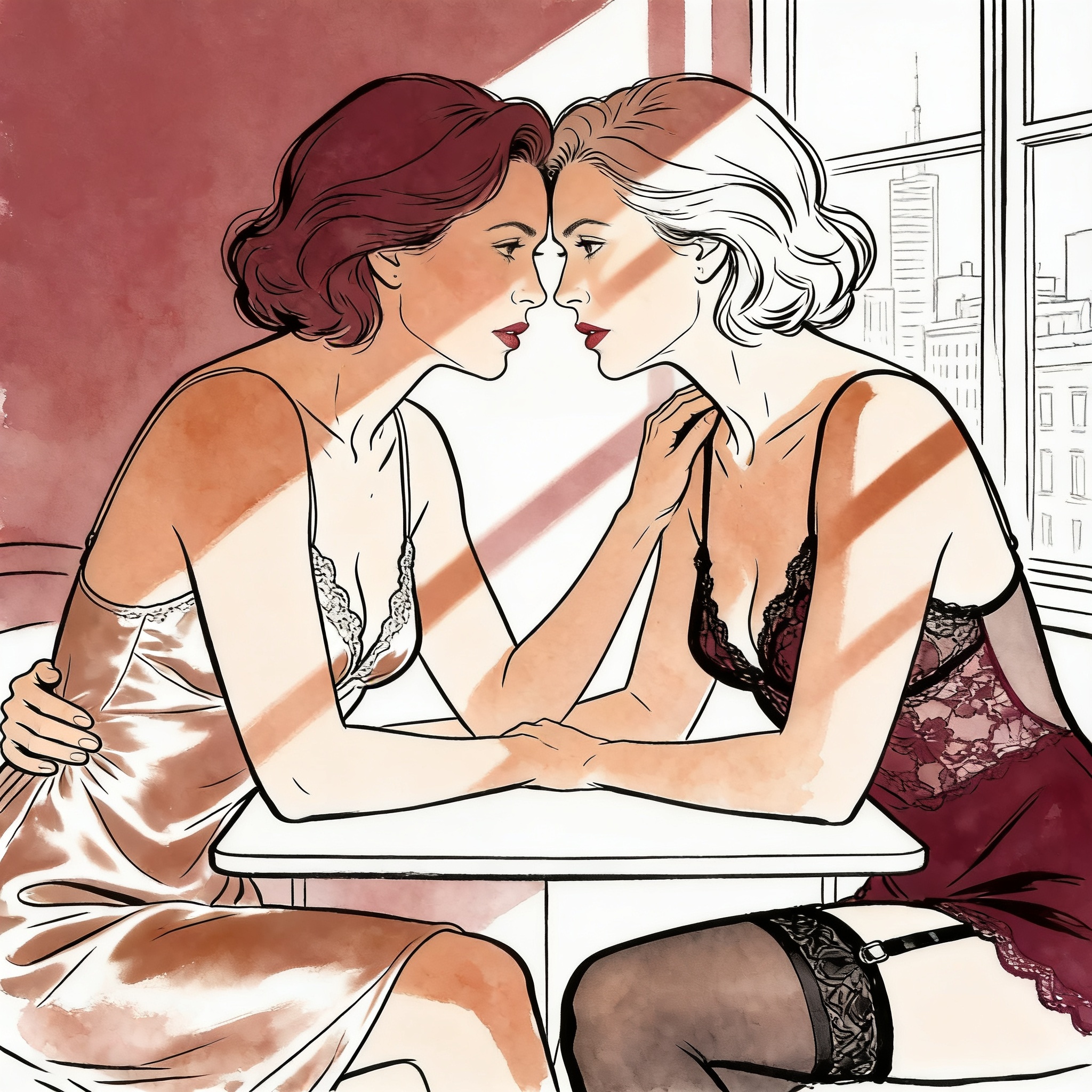 Two women share an intimate, charged look across a table in a dimly lit modern room.