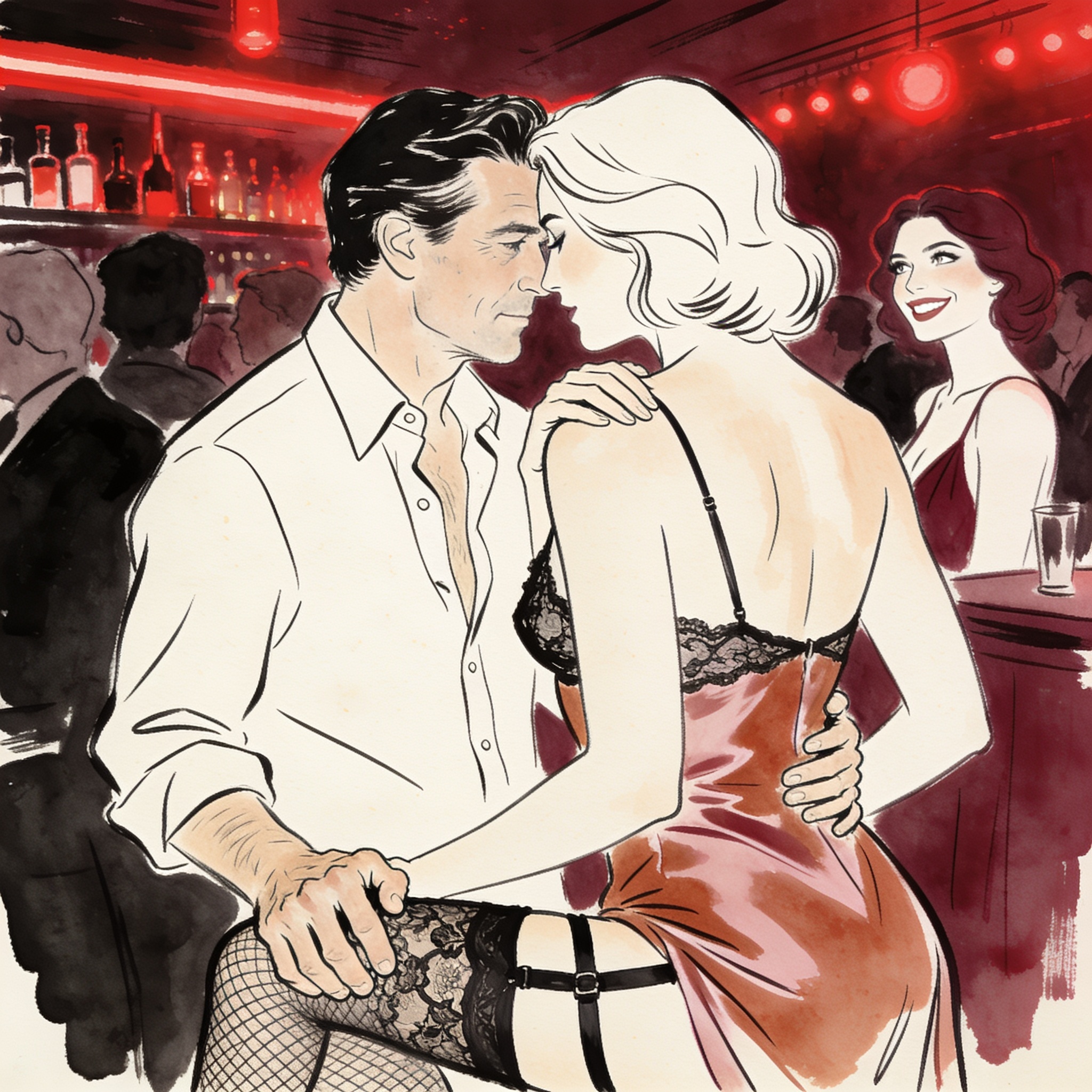 Woman in lace lingerie at a bar, a hand on her thigh, sharing a charged look with a str...