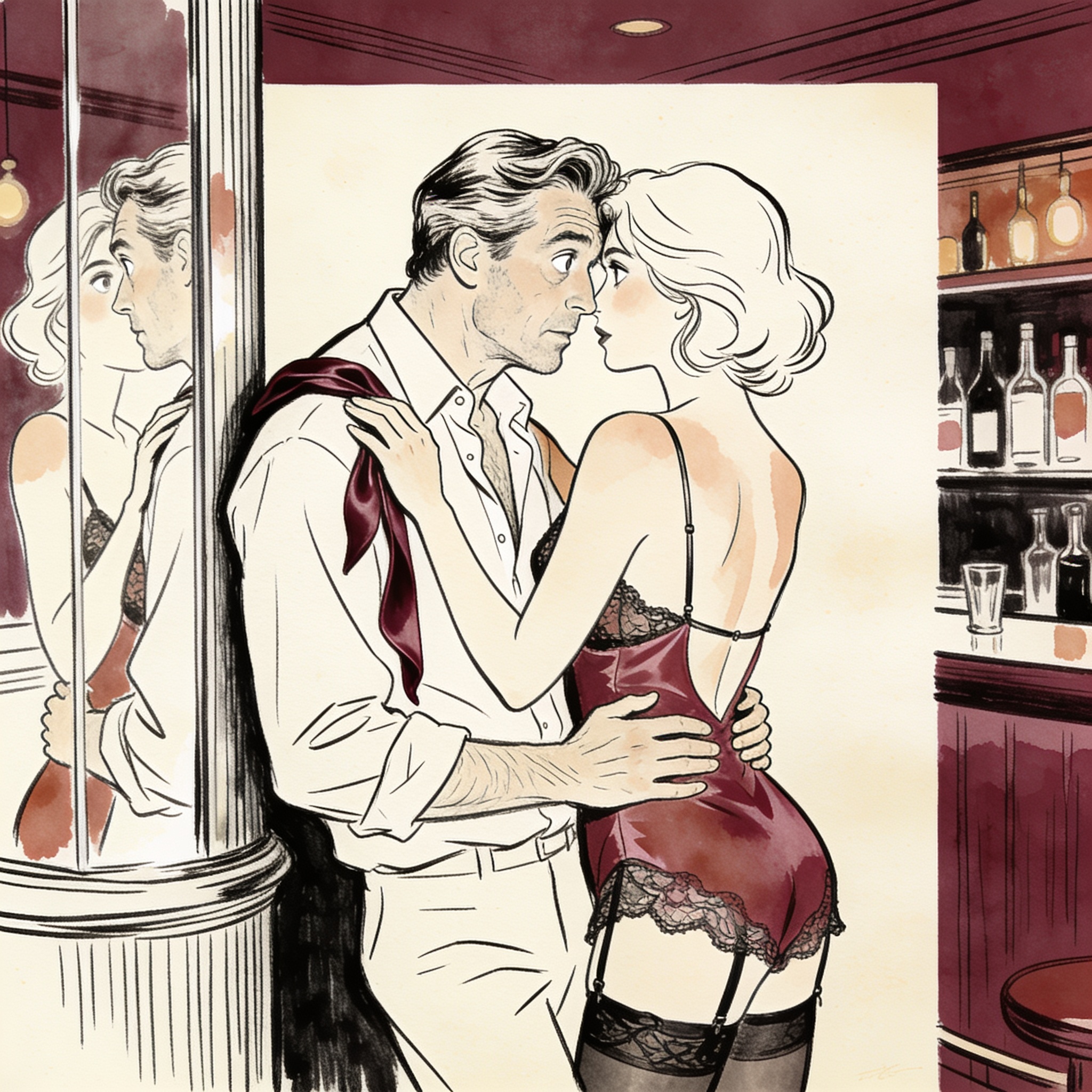A man confronts his altered, softened reflection in a bar mirror, a silk strap off his ...