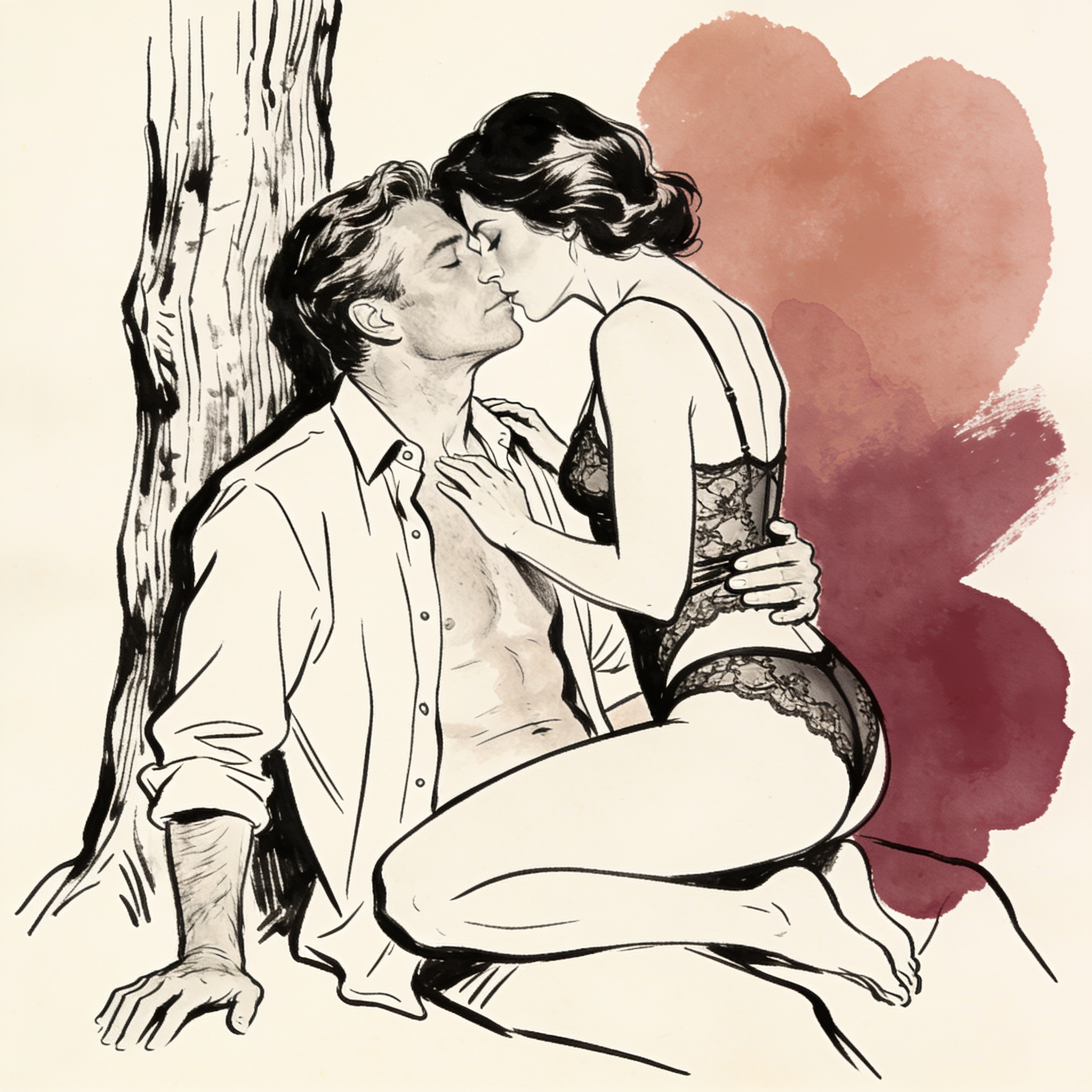 Two hikers in a forest, foreheads touching intimately.