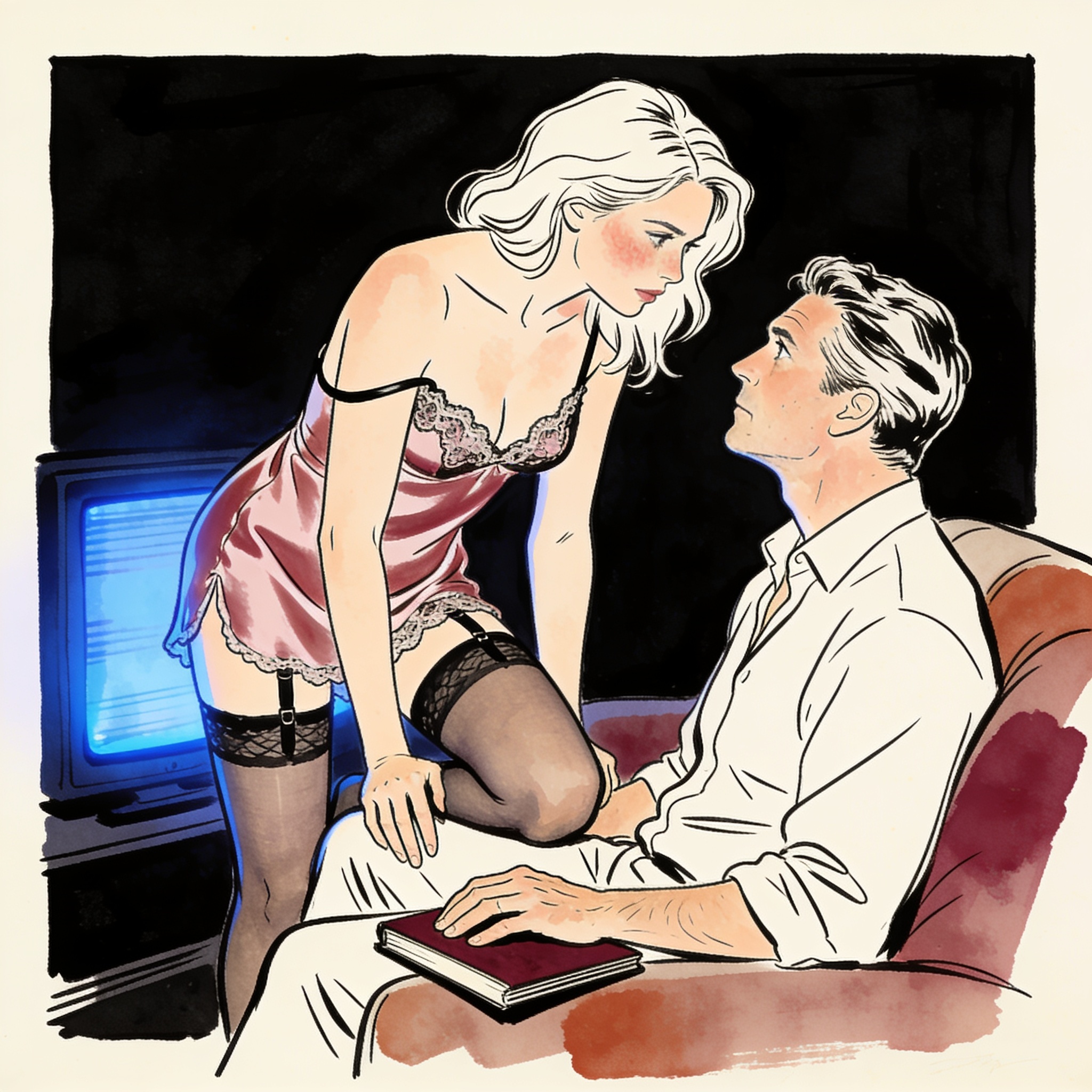 Woman in lace camisole confronts man holding a journal on a couch.