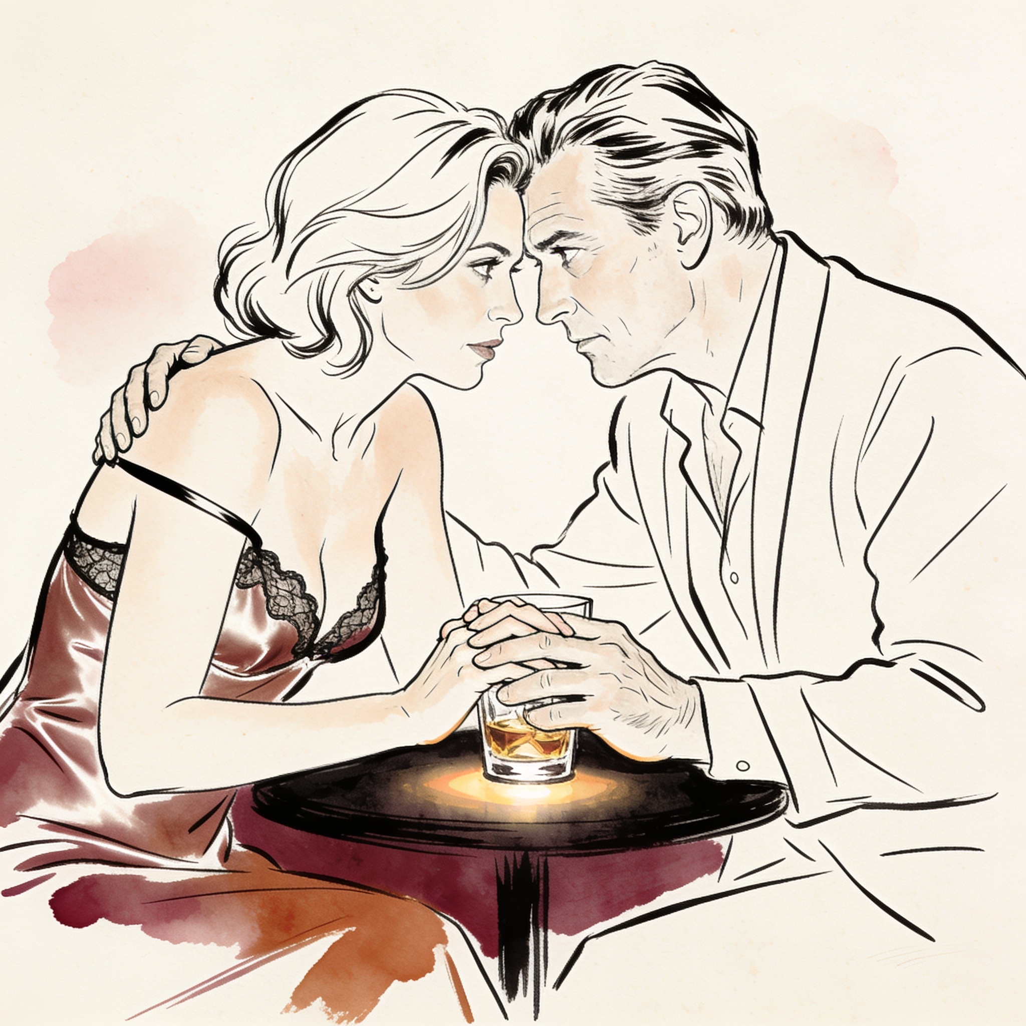Couple's hands touch intimately across a table, a strap slips from her shoulder as they...