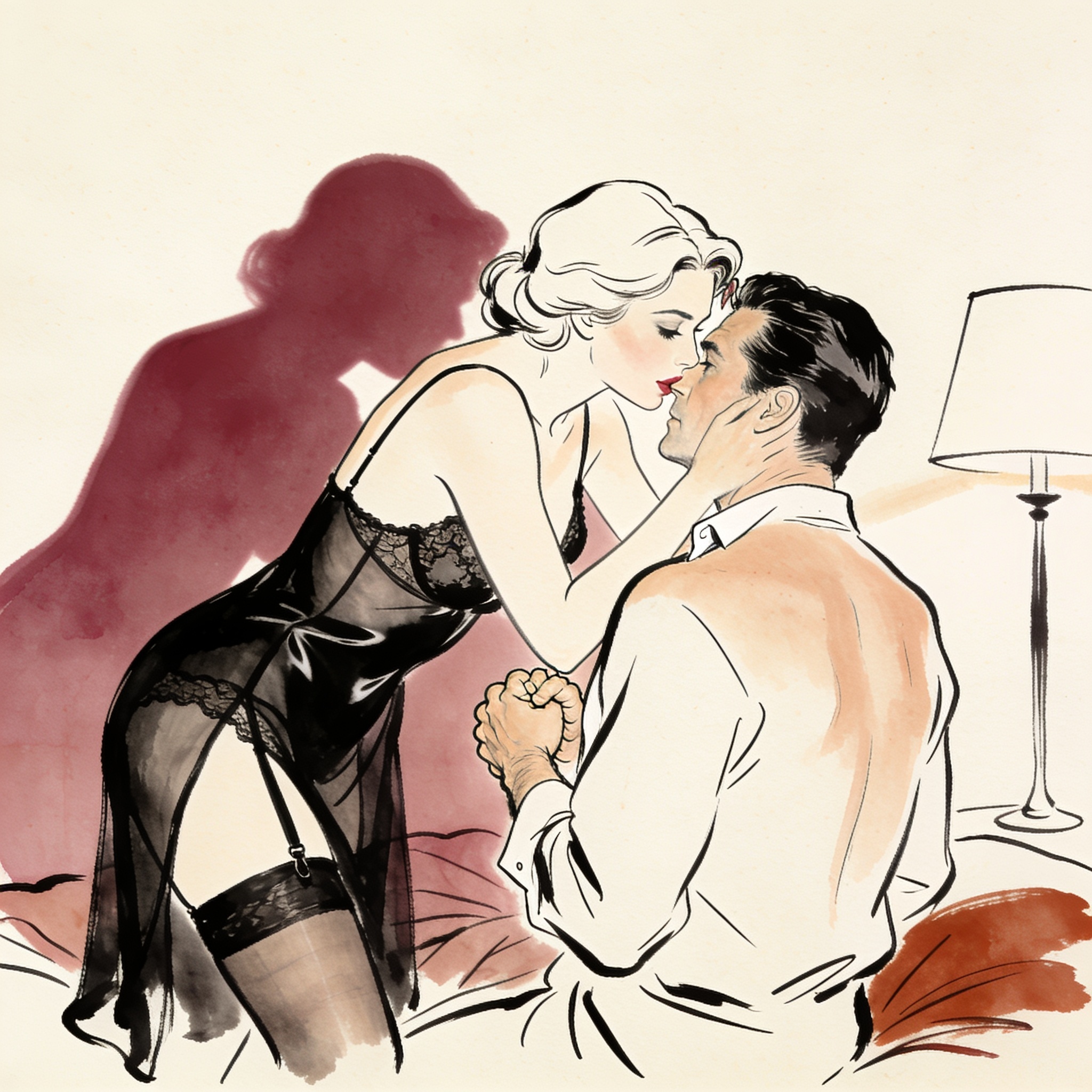 A couple in intimate, charged embrace during a dim party.