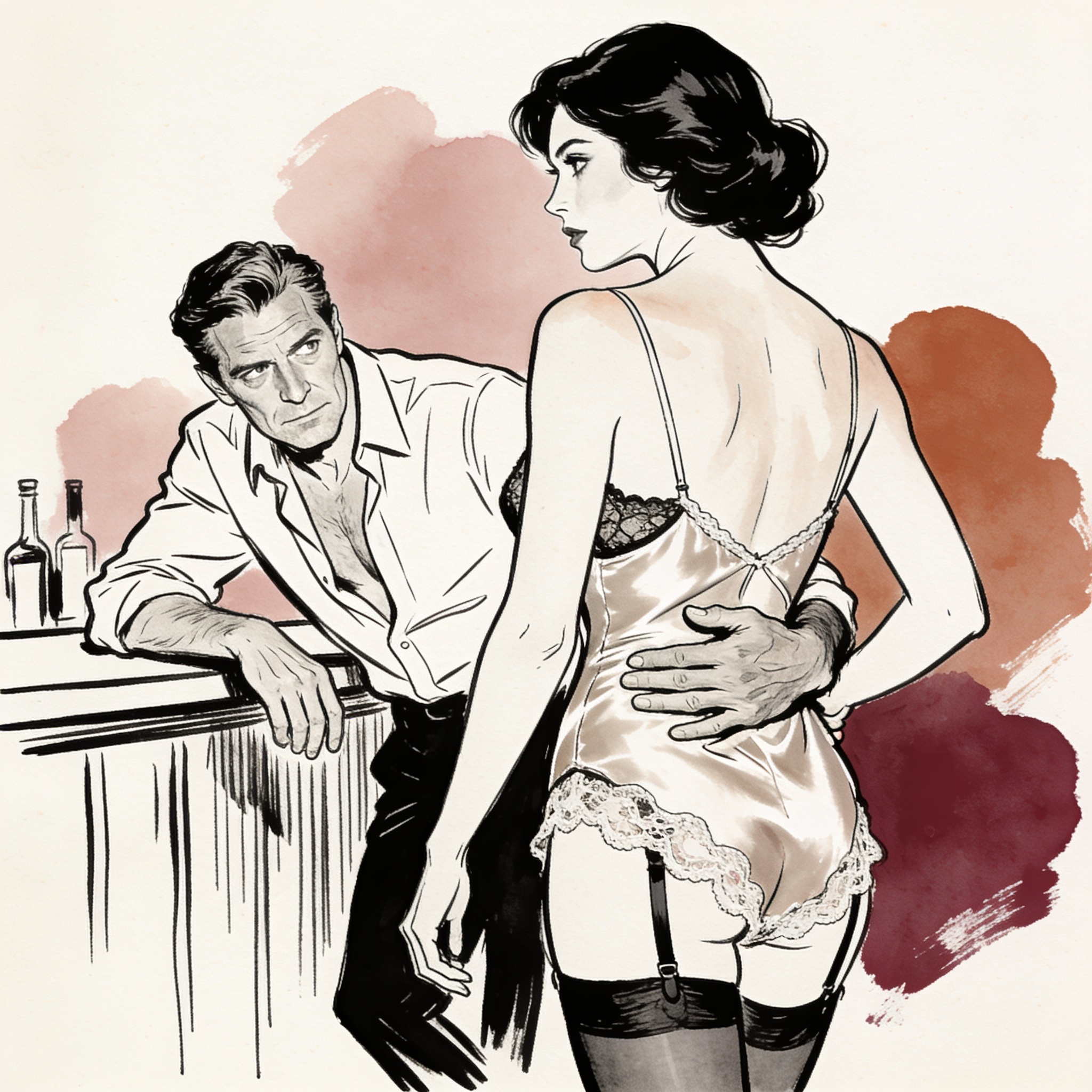 A woman in a slip looks back as a stranger watches her, a man's hand on her back.