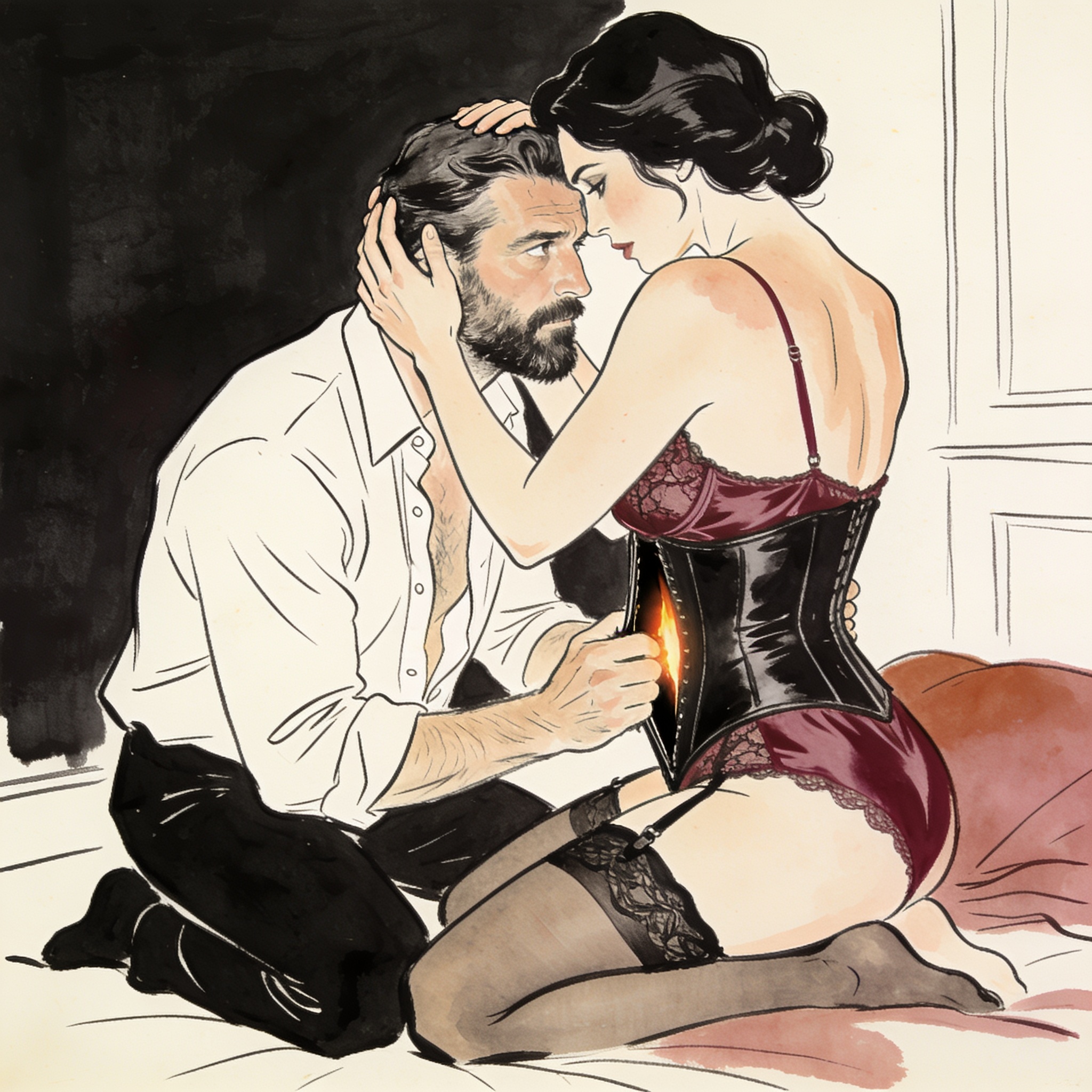 A man kneels before a woman in a leather corset, his face close to her skin, tension pa...