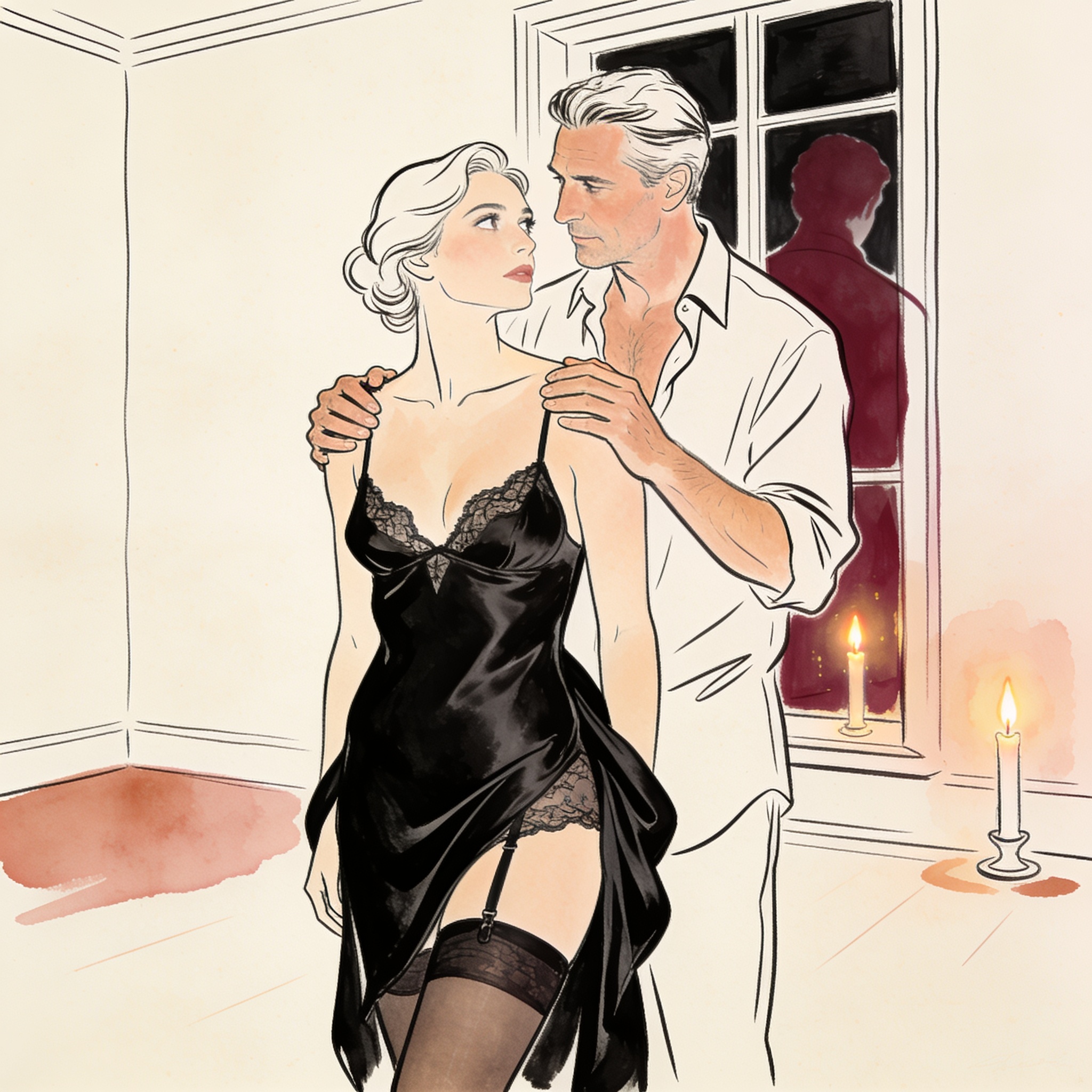 Line art of a woman in a slipped silk dress, a man's hands on her shoulders, intense ga...