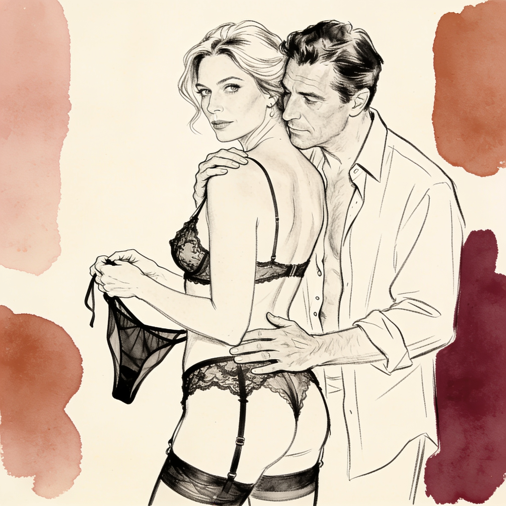 Woman holds sheer lingerie as her husband watches over her shoulder.