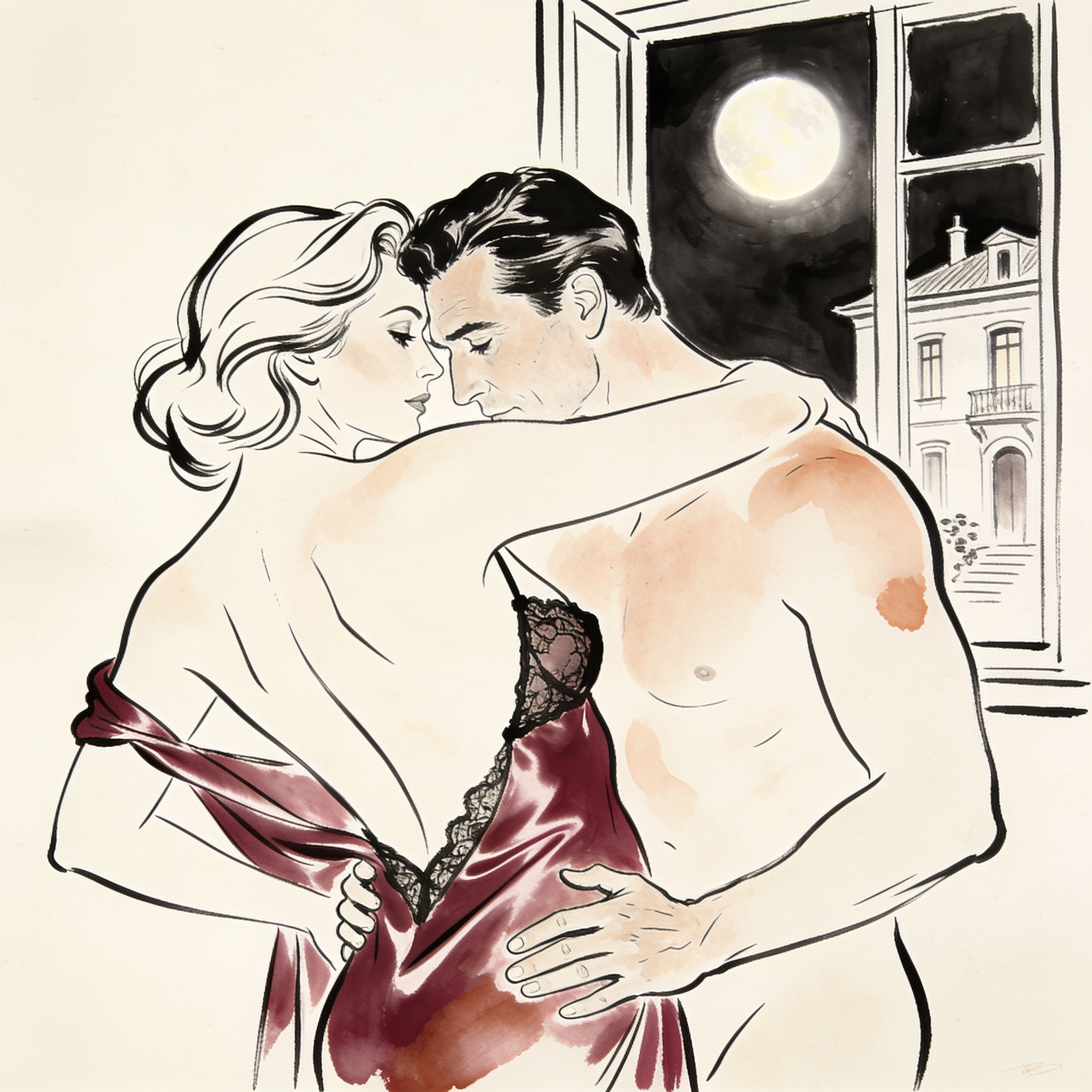 A woman arches back as a man's forehead rests against her bare shoulder, their gazes lo...