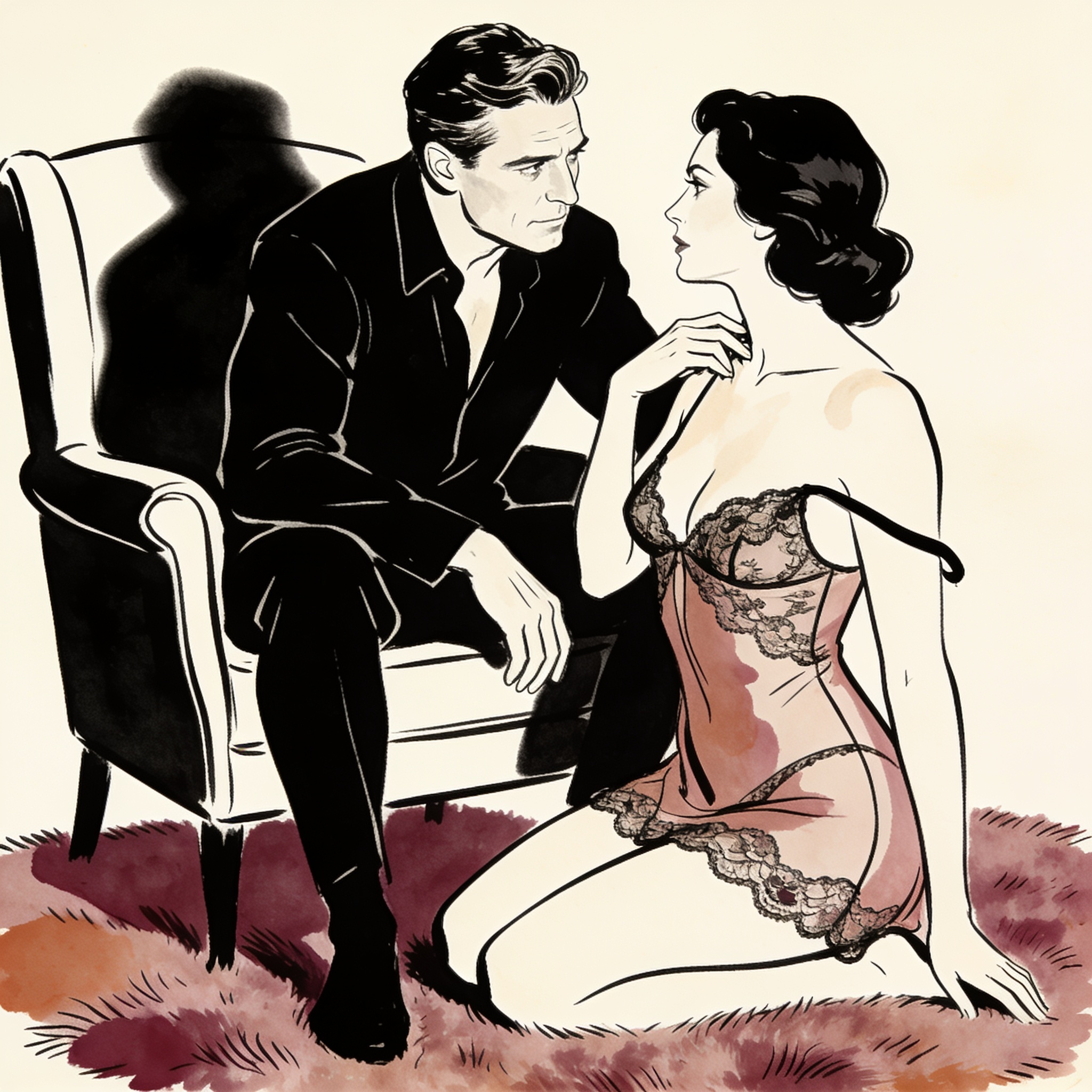 A woman in lace kneels, her strap fallen, under a man's intense gaze from an armchair.