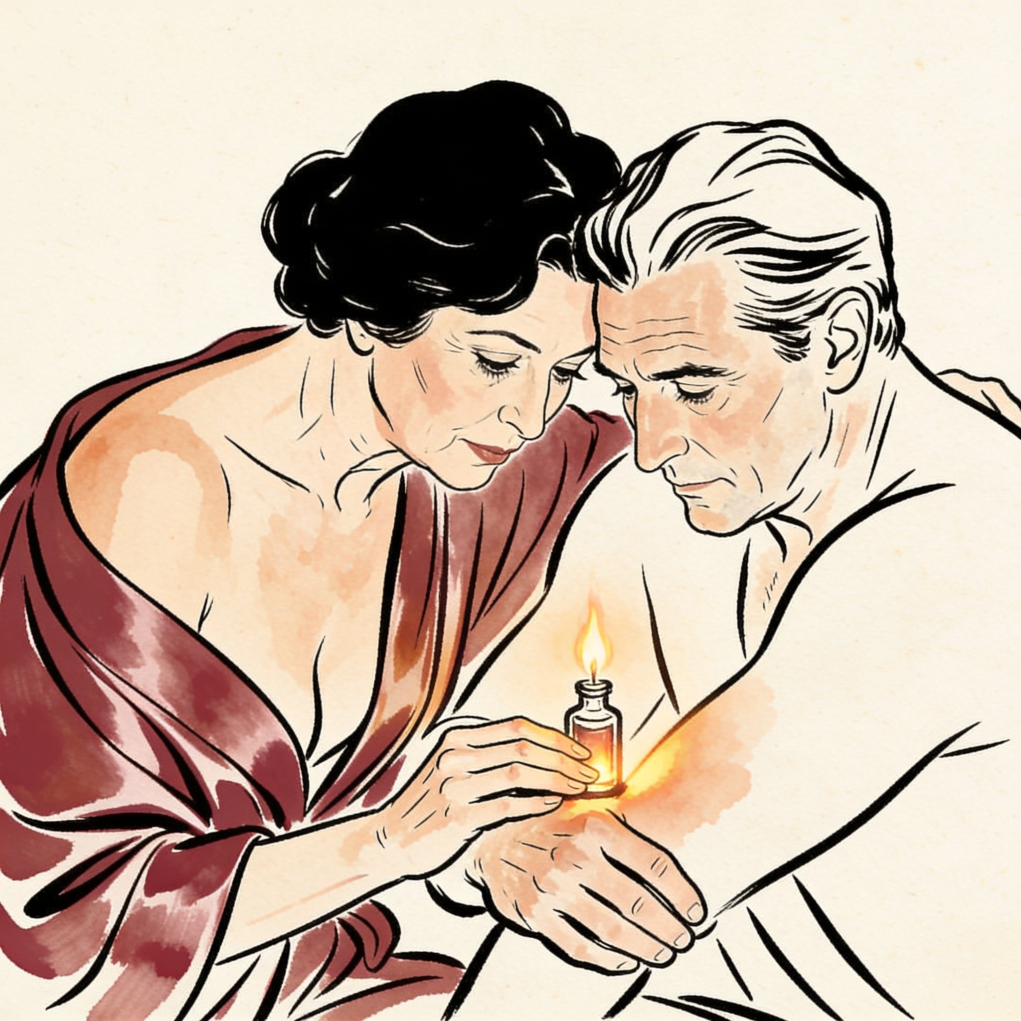 A woman leans close to a man, examining a small vial by firelight, her robe slipping of...
