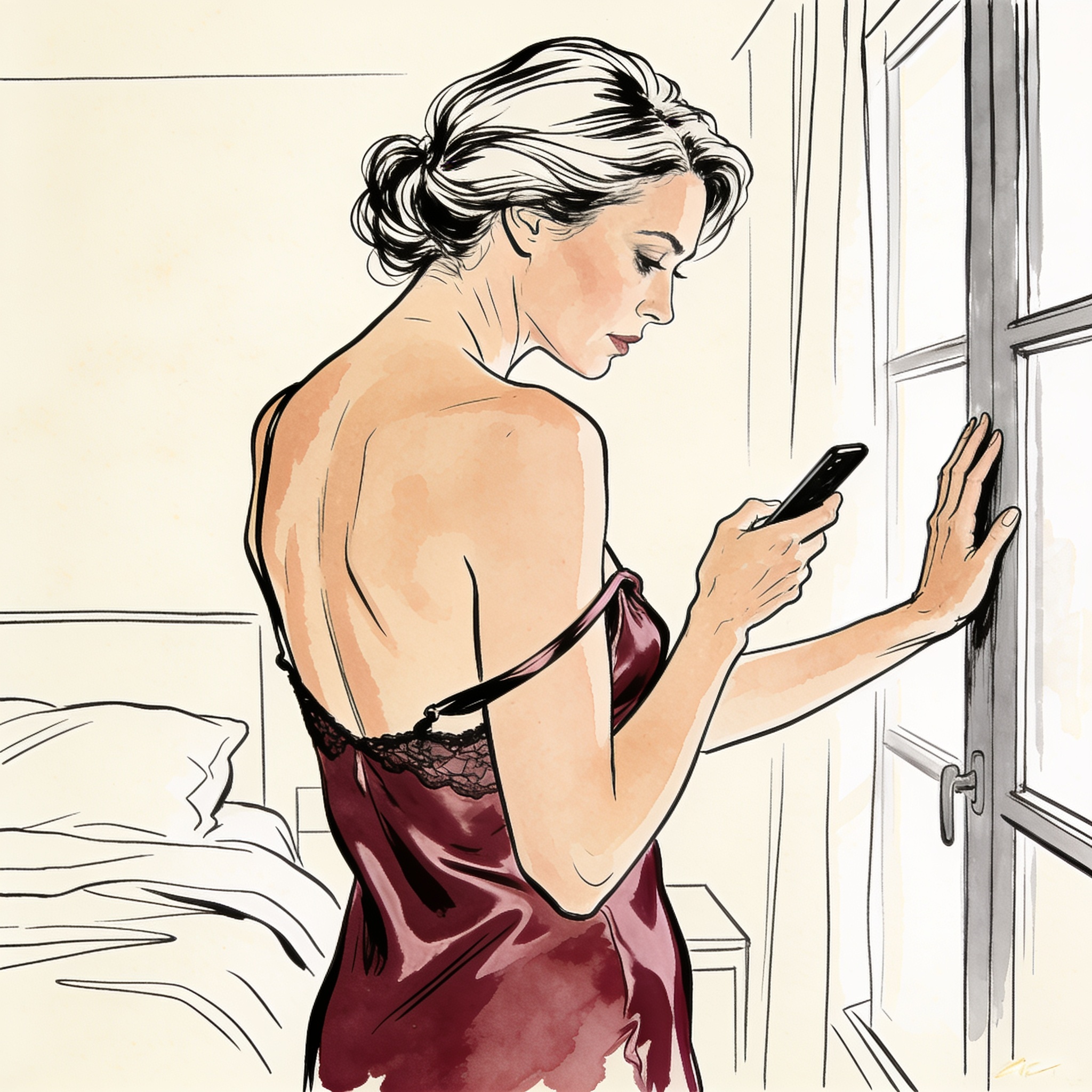 A woman in a silk camisole, her back to the viewer, looking at her phone with desire.