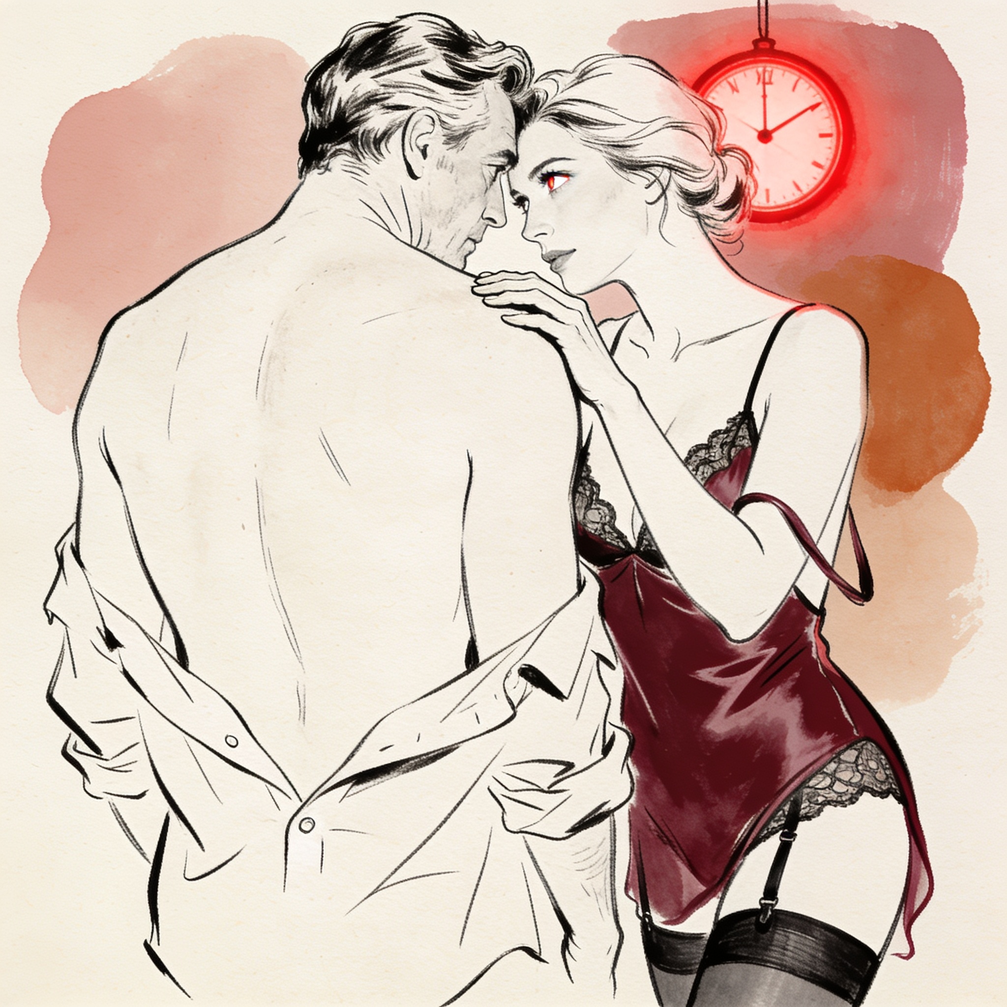 A couple shares an intimate moment in bed, lit by a clock's red glow, their bodies clos...