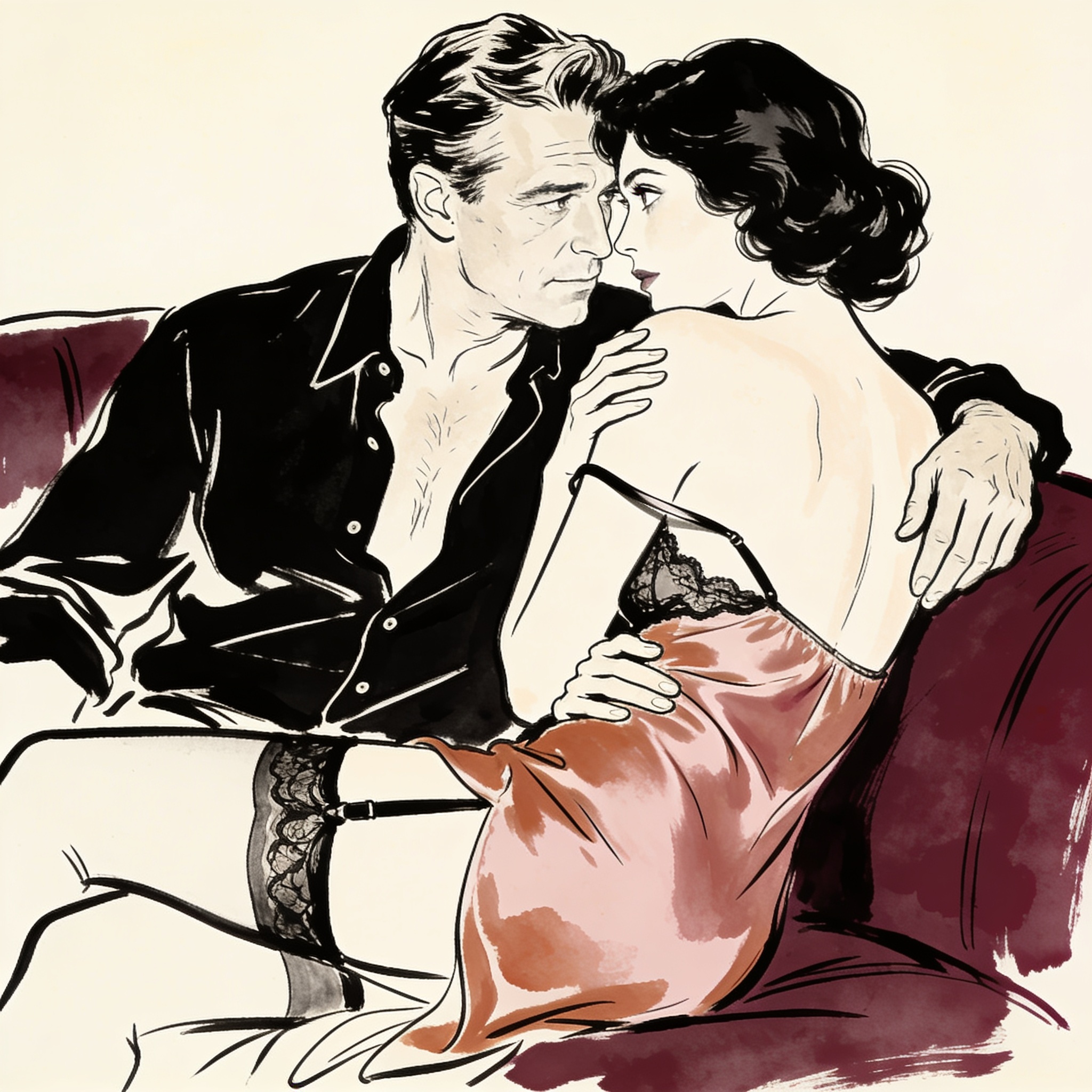 Woman on sofa glancing past husband toward a confident stranger in doorway.