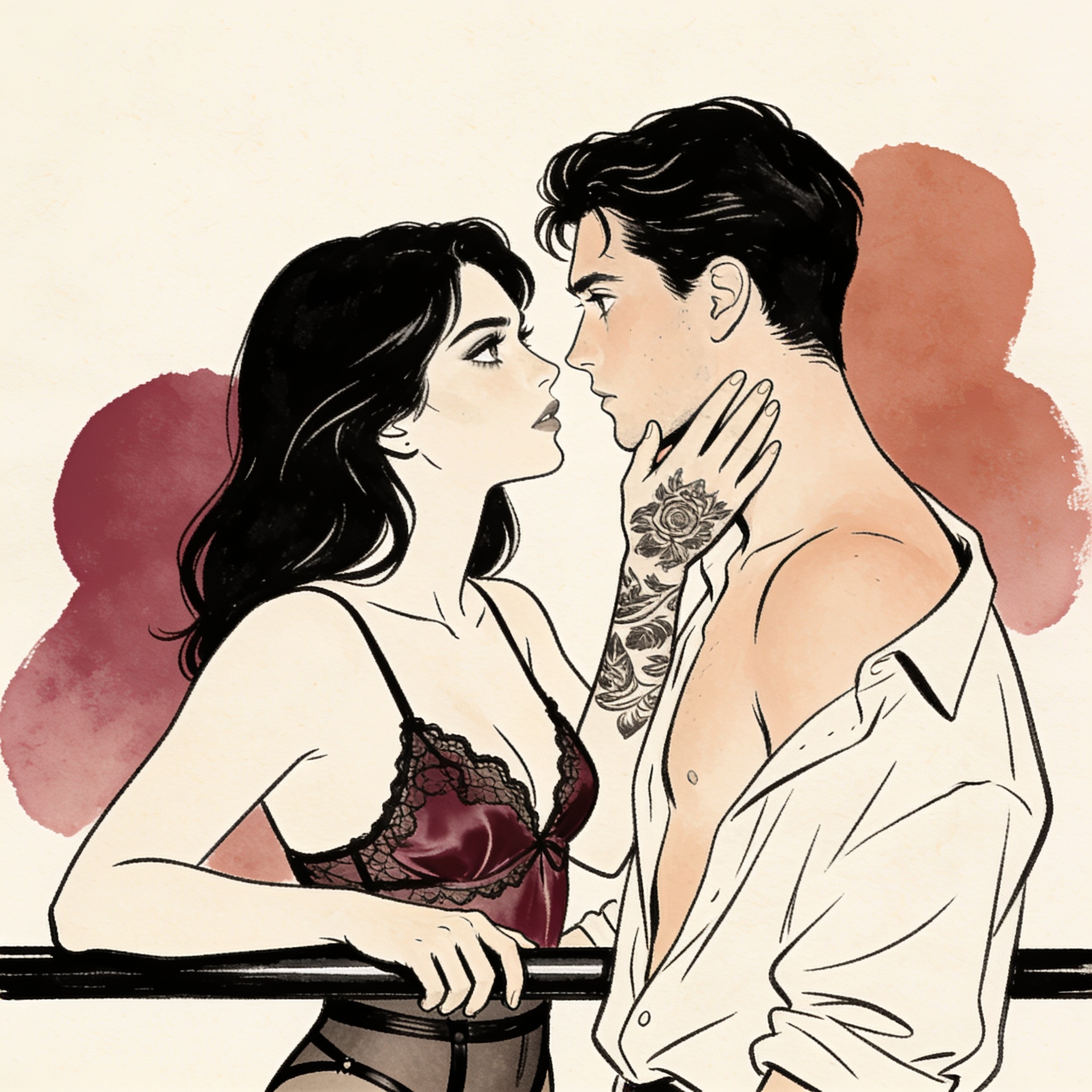 Tattooed woman lifts a nervous person's chin, their faces close in a hotel bar.
