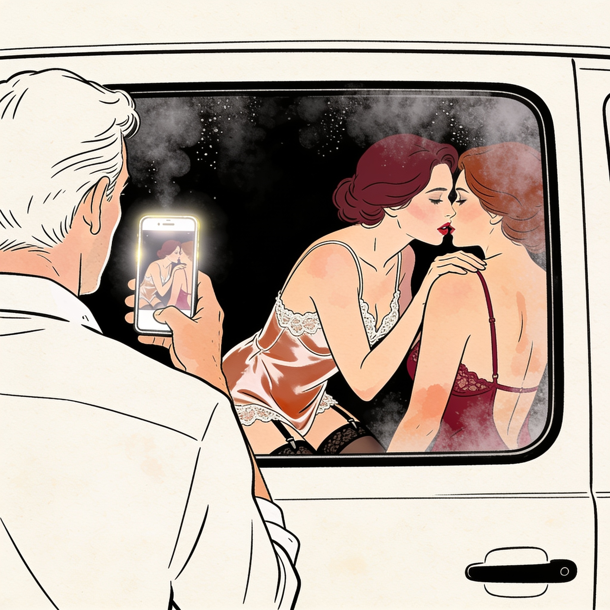 A man watches his phone, showing two women sharing a charged, intimate whisper in linge...