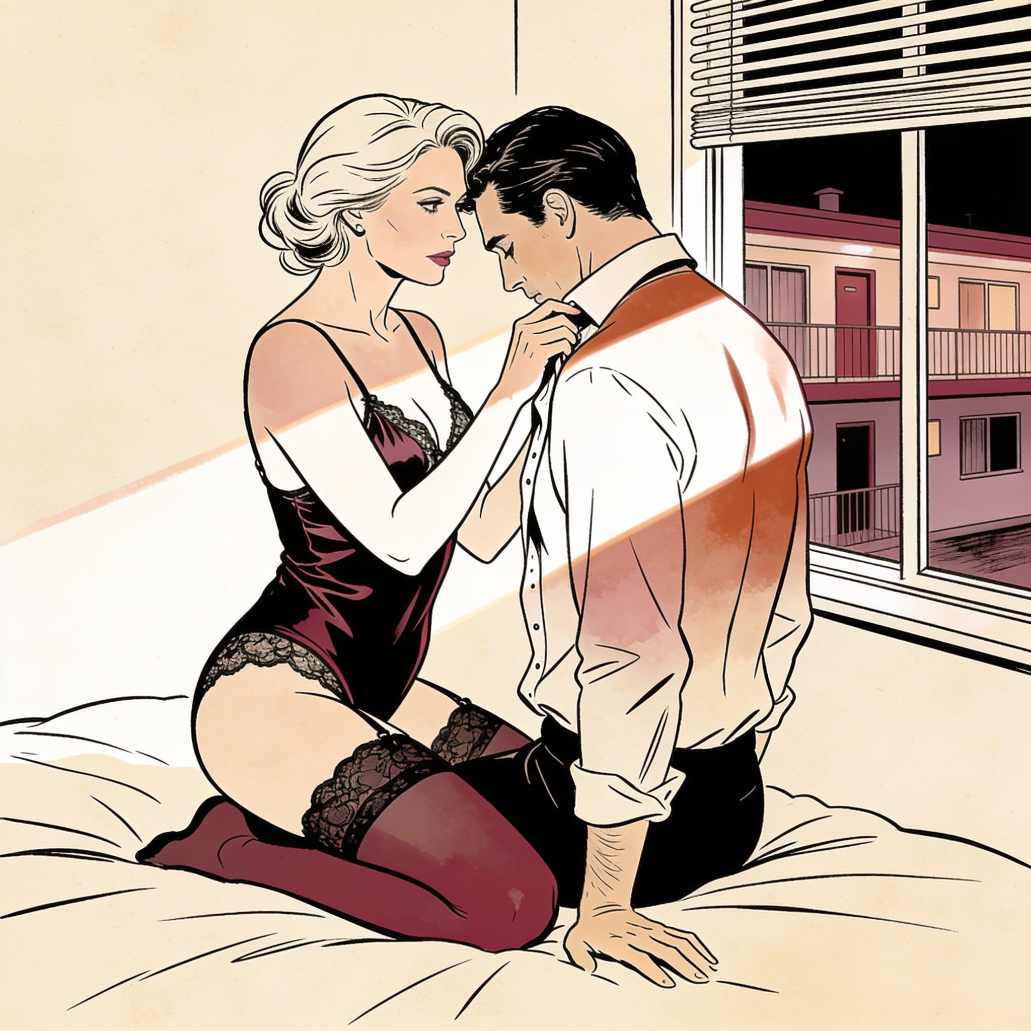 A man kneels, collared, as a woman in lingerie touches his throat, her gaze dominant.