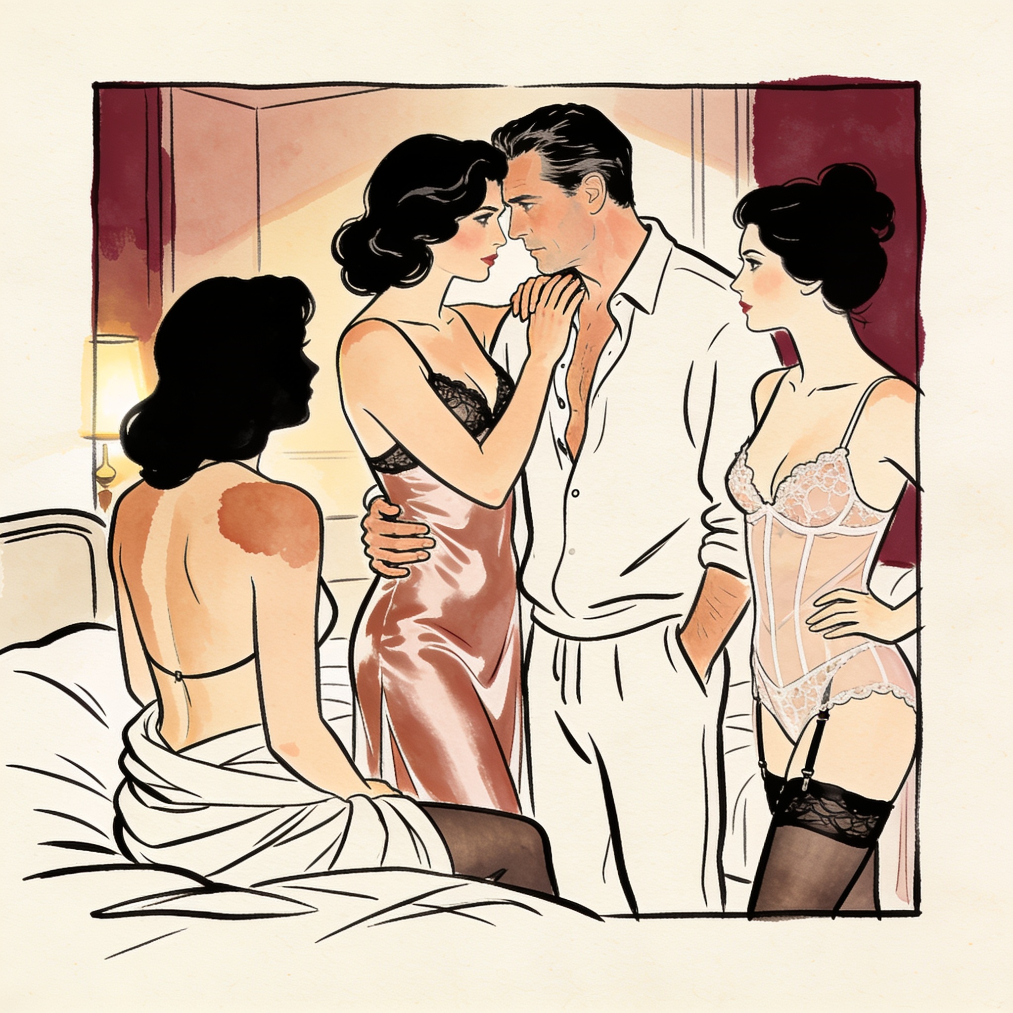 A woman's hand cups a man's groin through pants as two others watch in a dim hotel room.