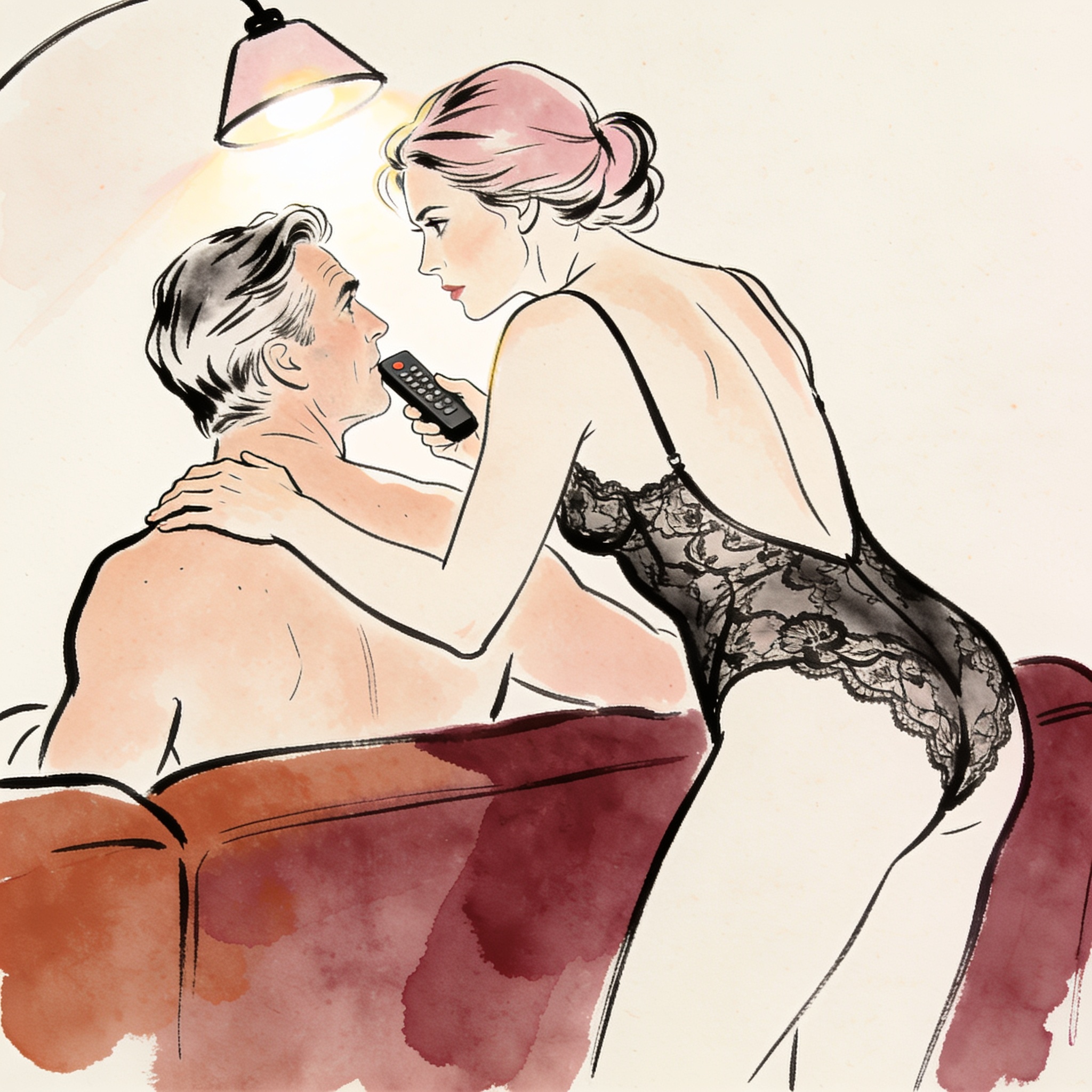 Woman in lace bodysuit holds a remote close to her partner's face in a dim living room.