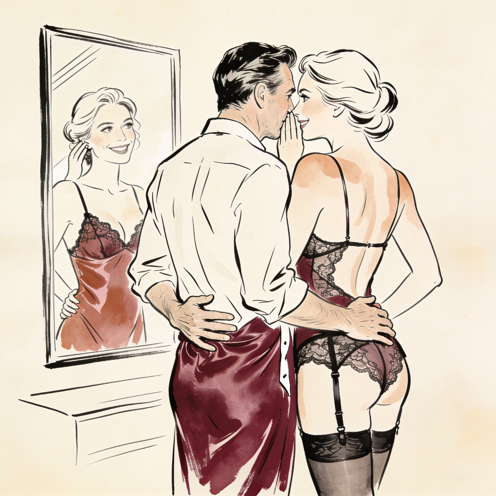 A couple in lingerie, her reflection smiling as he whispers intimately from behind.