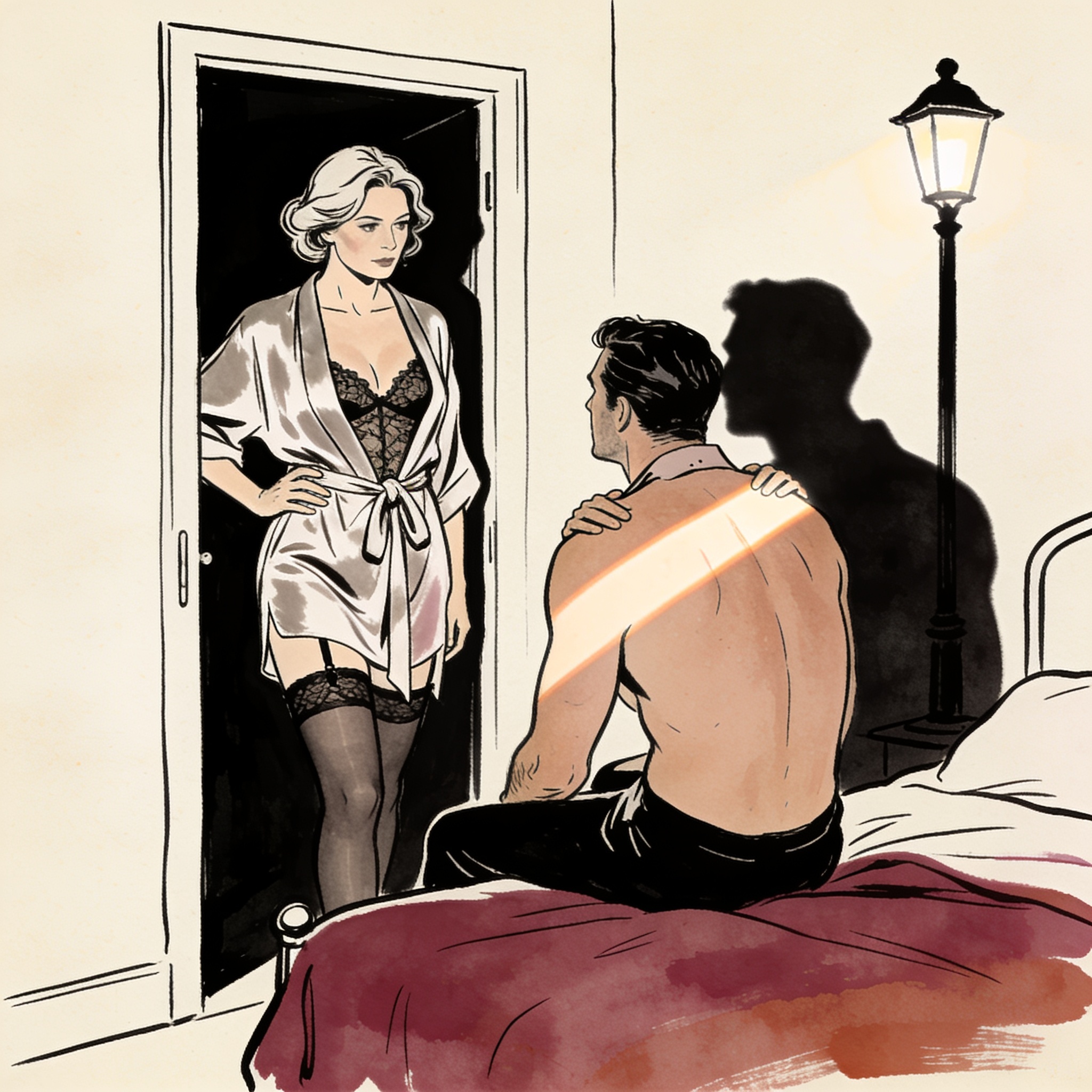 A woman in a silk robe gazes at a shirtless man waiting on a bed in a dim room.