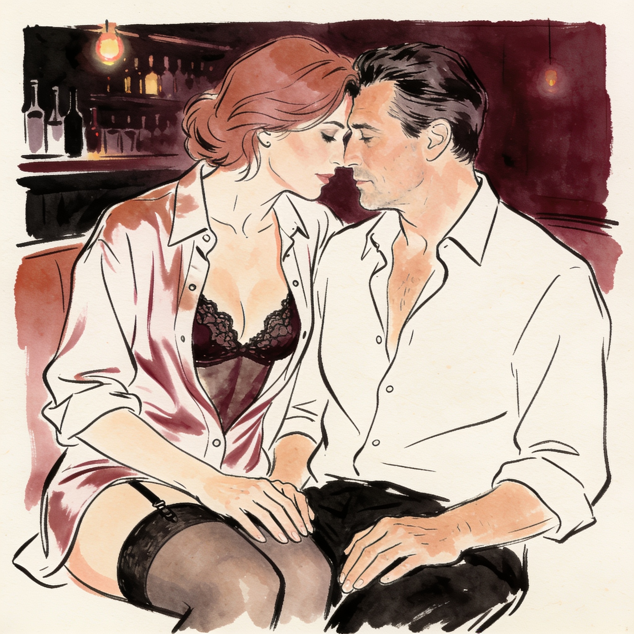 A man and woman in a bar, faces close, hands on thighs, her lace bra visible under an o...