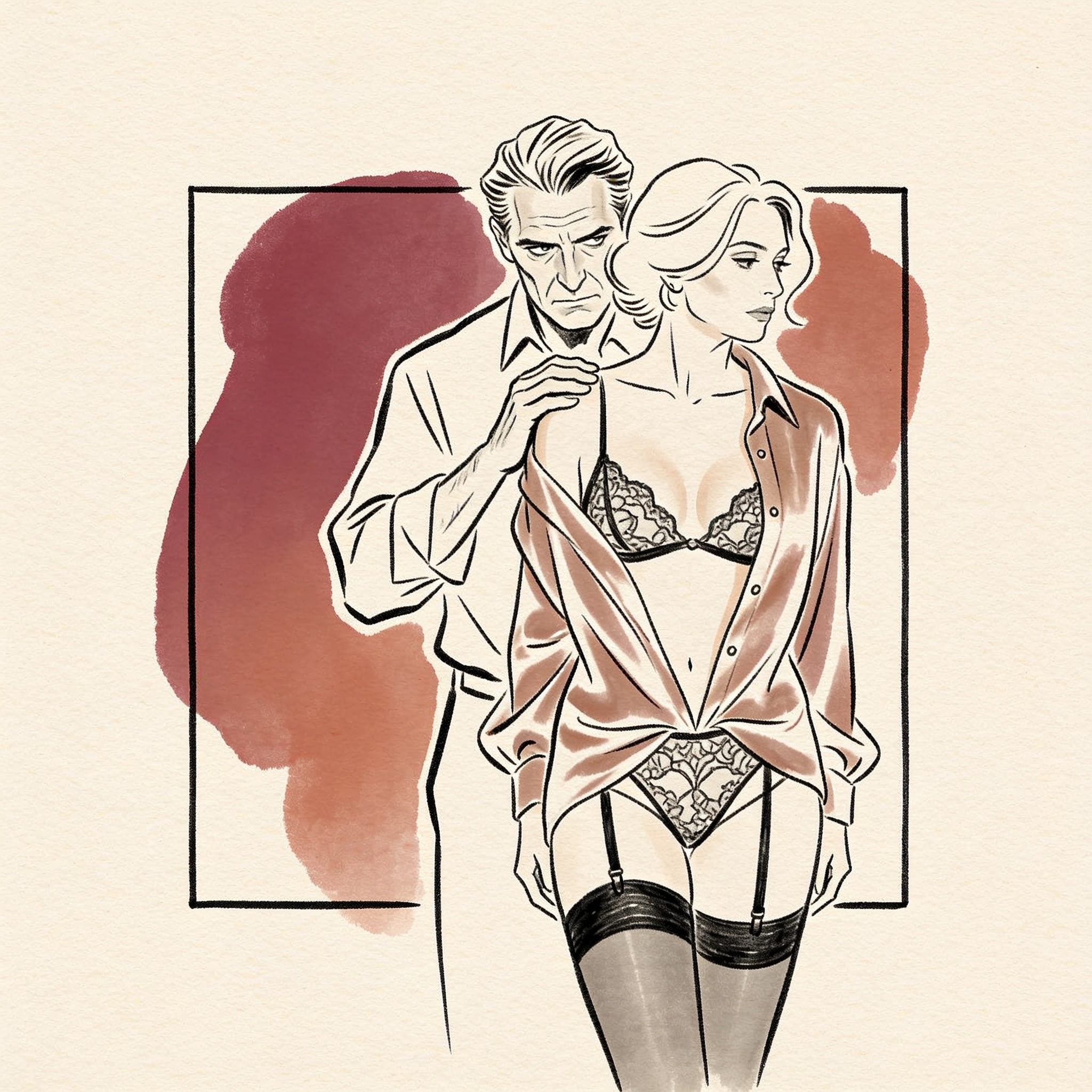 Man's hand on woman's bare shoulder, her blouse open, under his intense gaze.