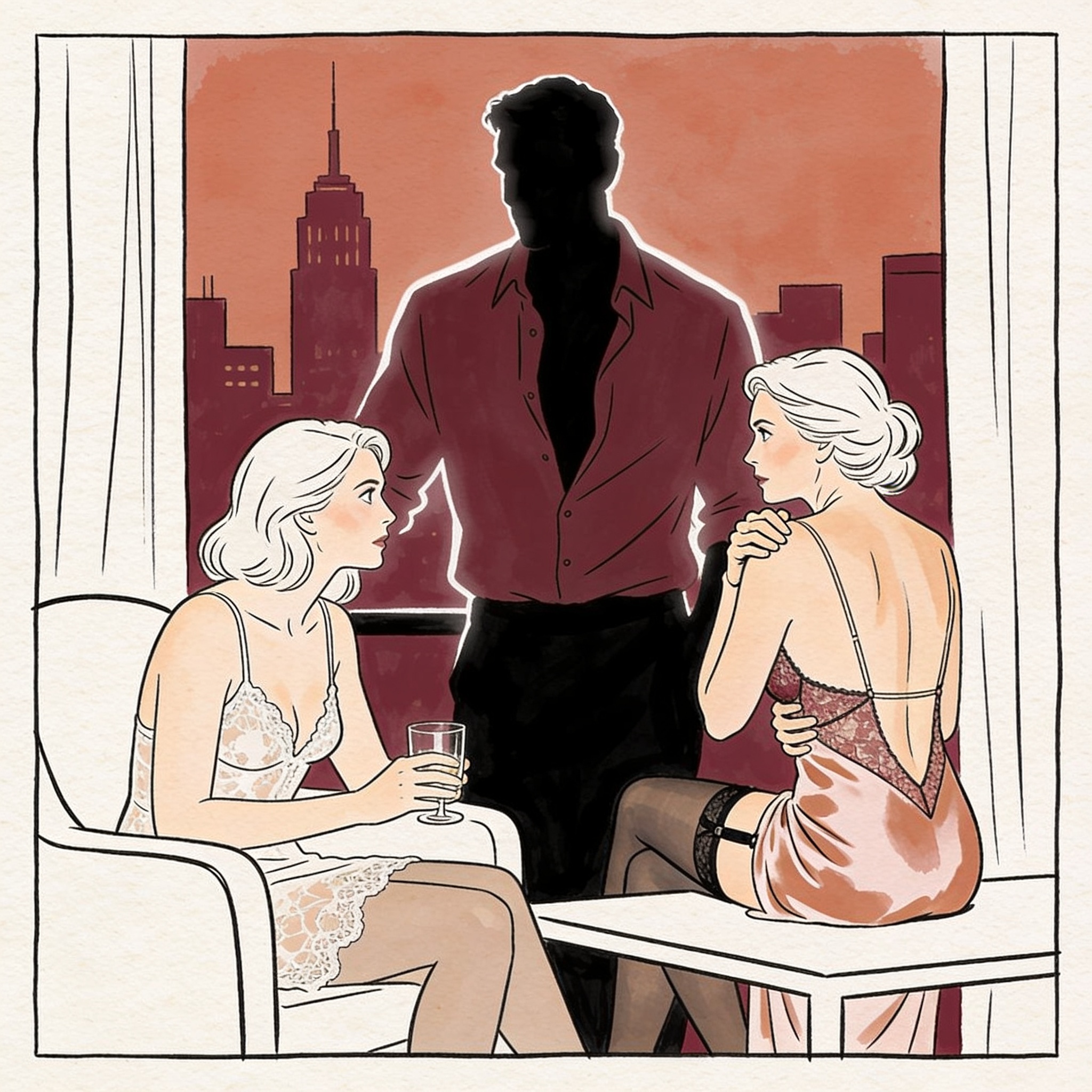 Two women and a man in a hotel suite, with a charged, unspoken gaze across a table.