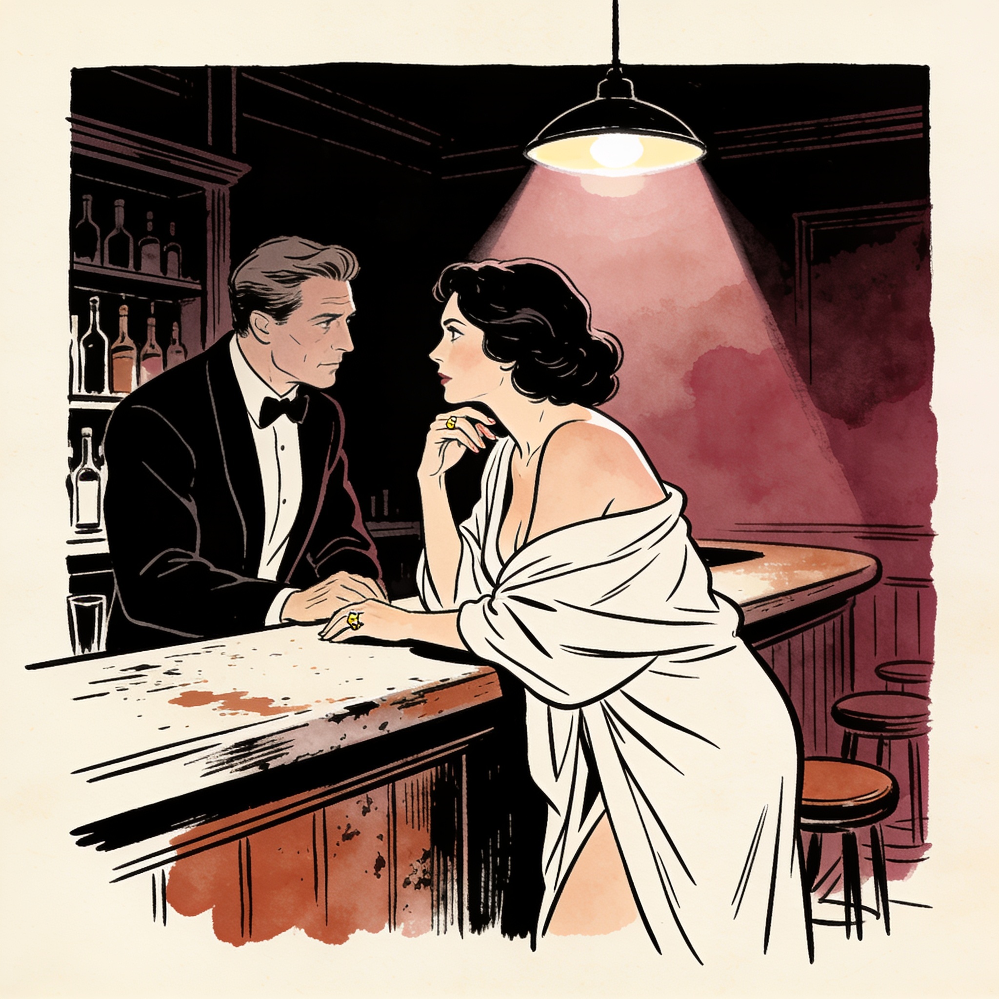 Woman in robe leans across bar, her gaze meeting the bartender's under a single light.