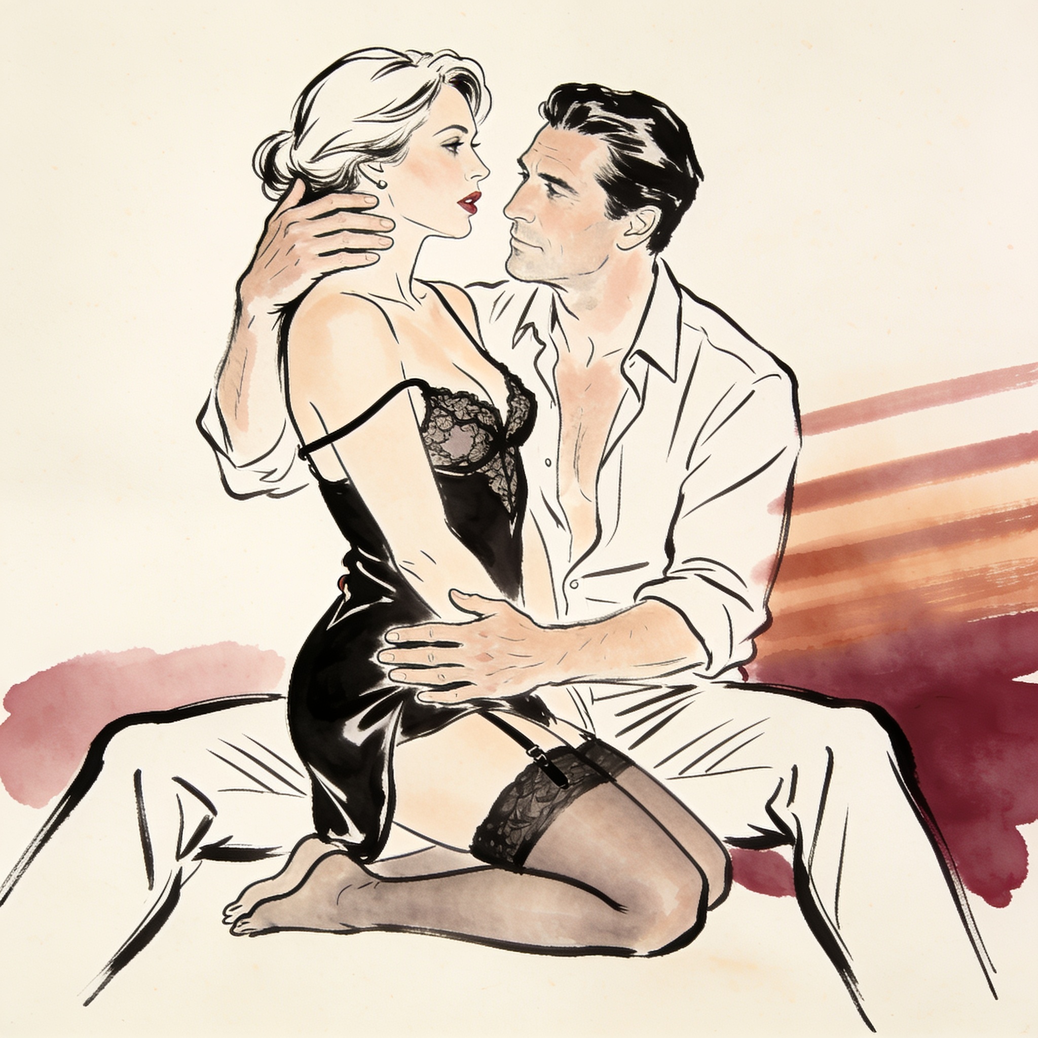 A woman kneels before a seated man, his hand on her neck, her camisole strap fallen.