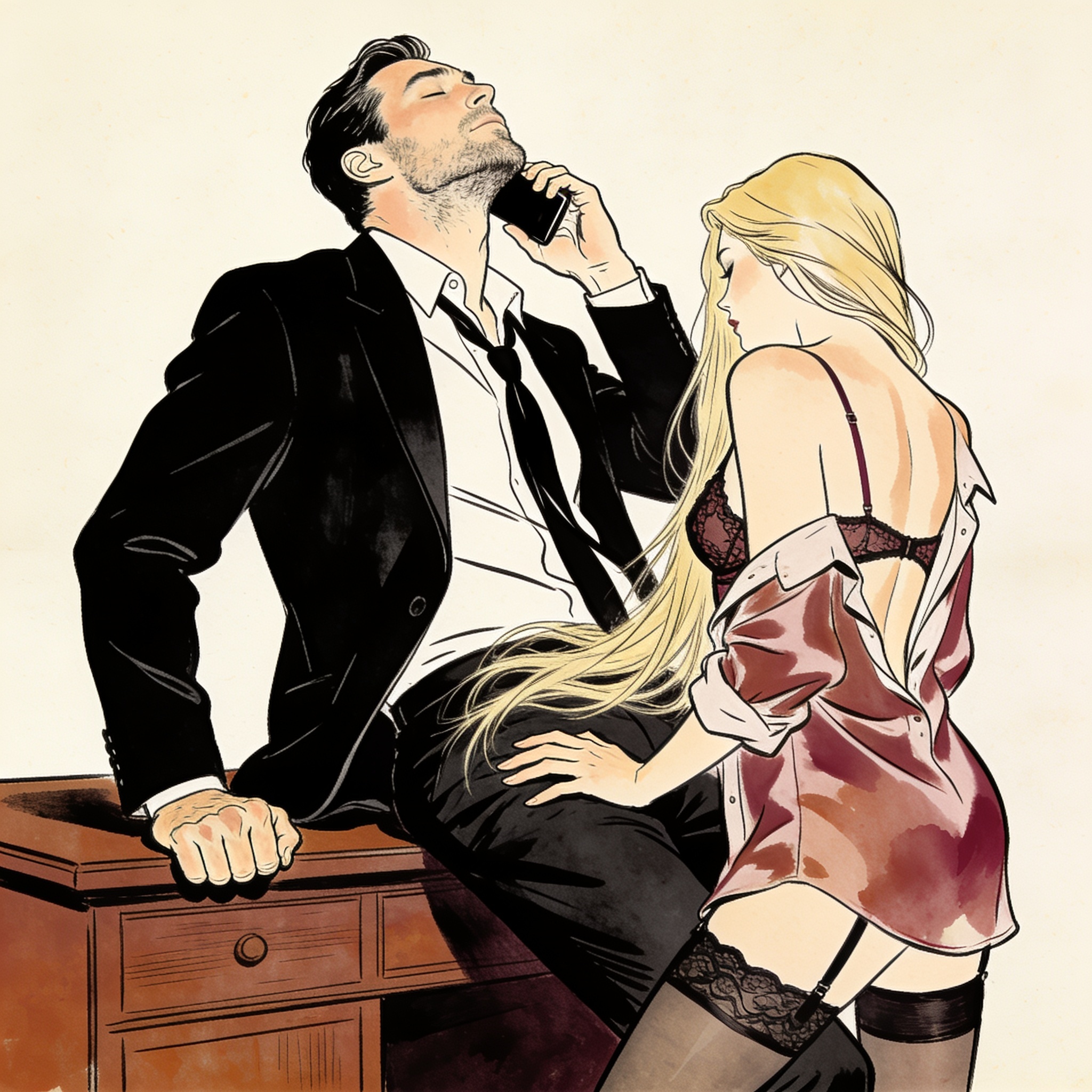 Man on phone at his desk while a woman kneels before him in the dark office.