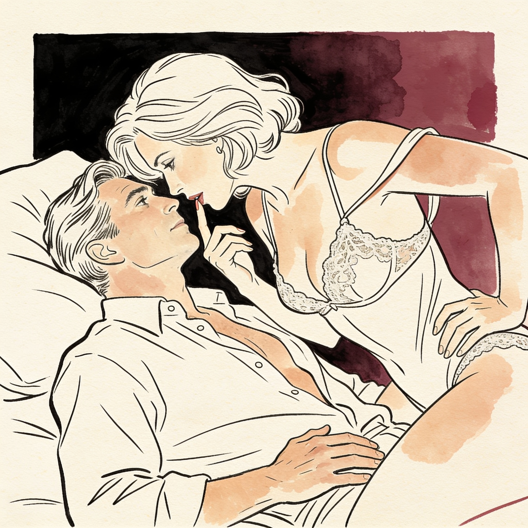 A woman touches her lips, looking down at her partner with intense desire.