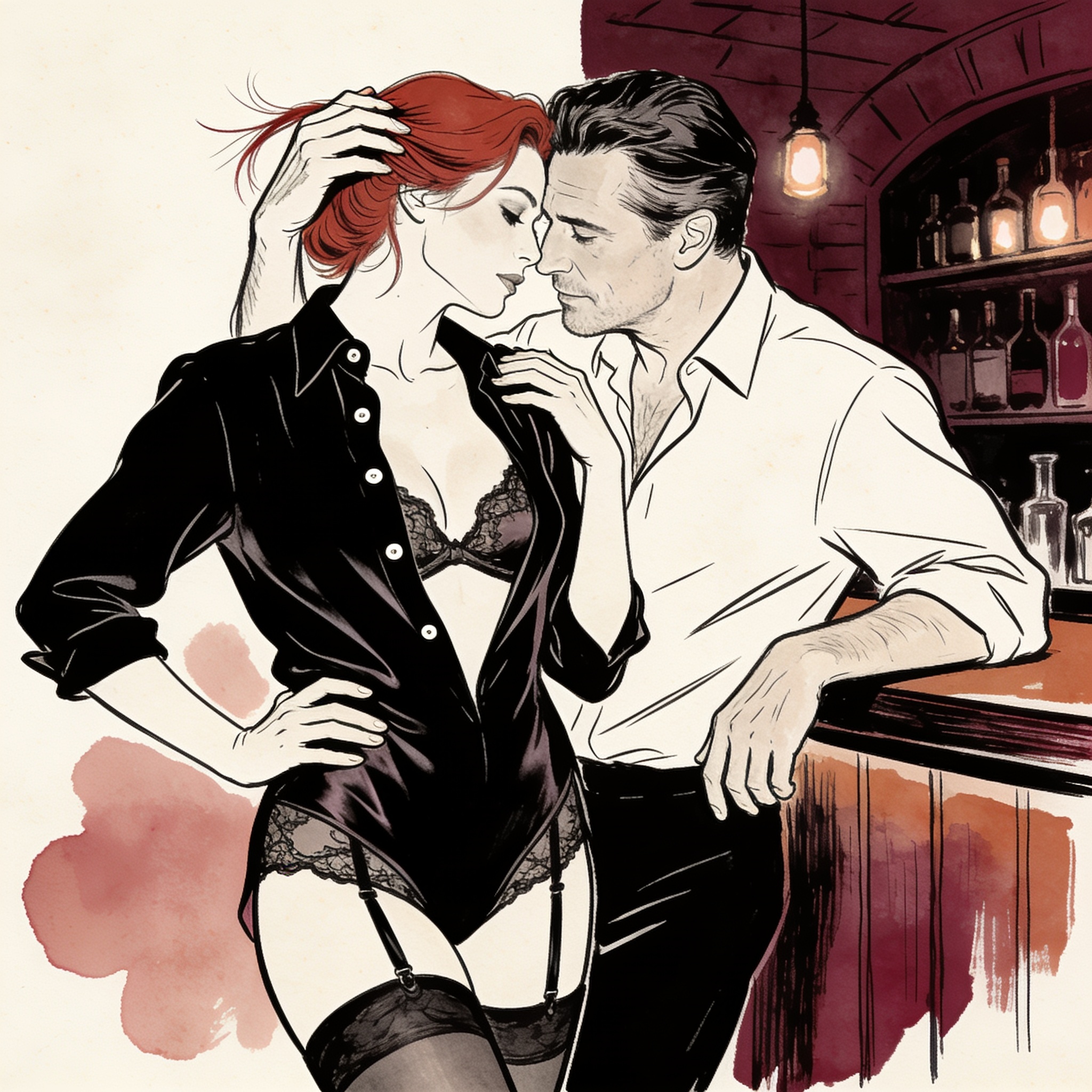 A mechanic and a racer share a charged, intimate moment in a dim cellar bar.