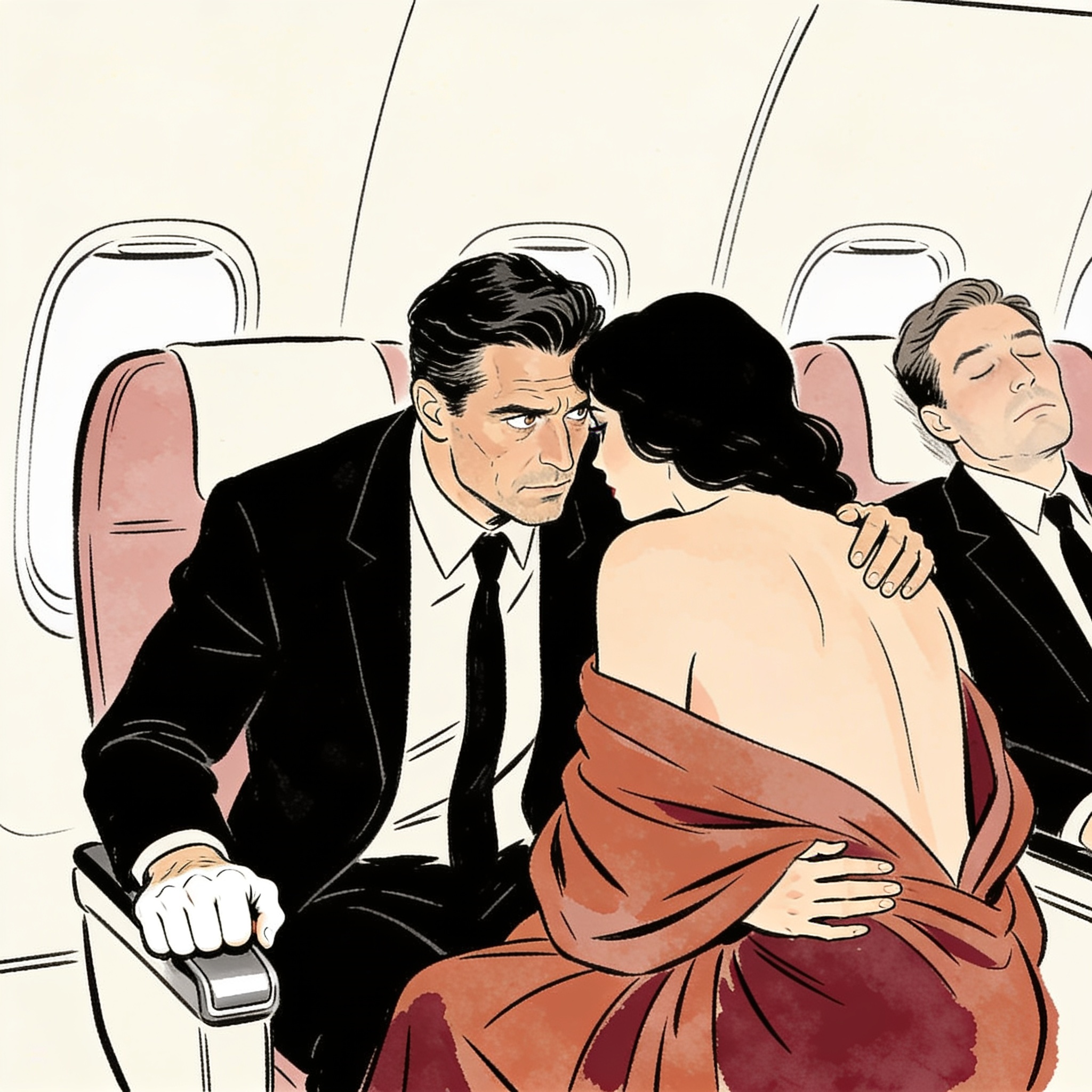 A man in a jet stares intensely at his sleeping companion, gripping the armrest.