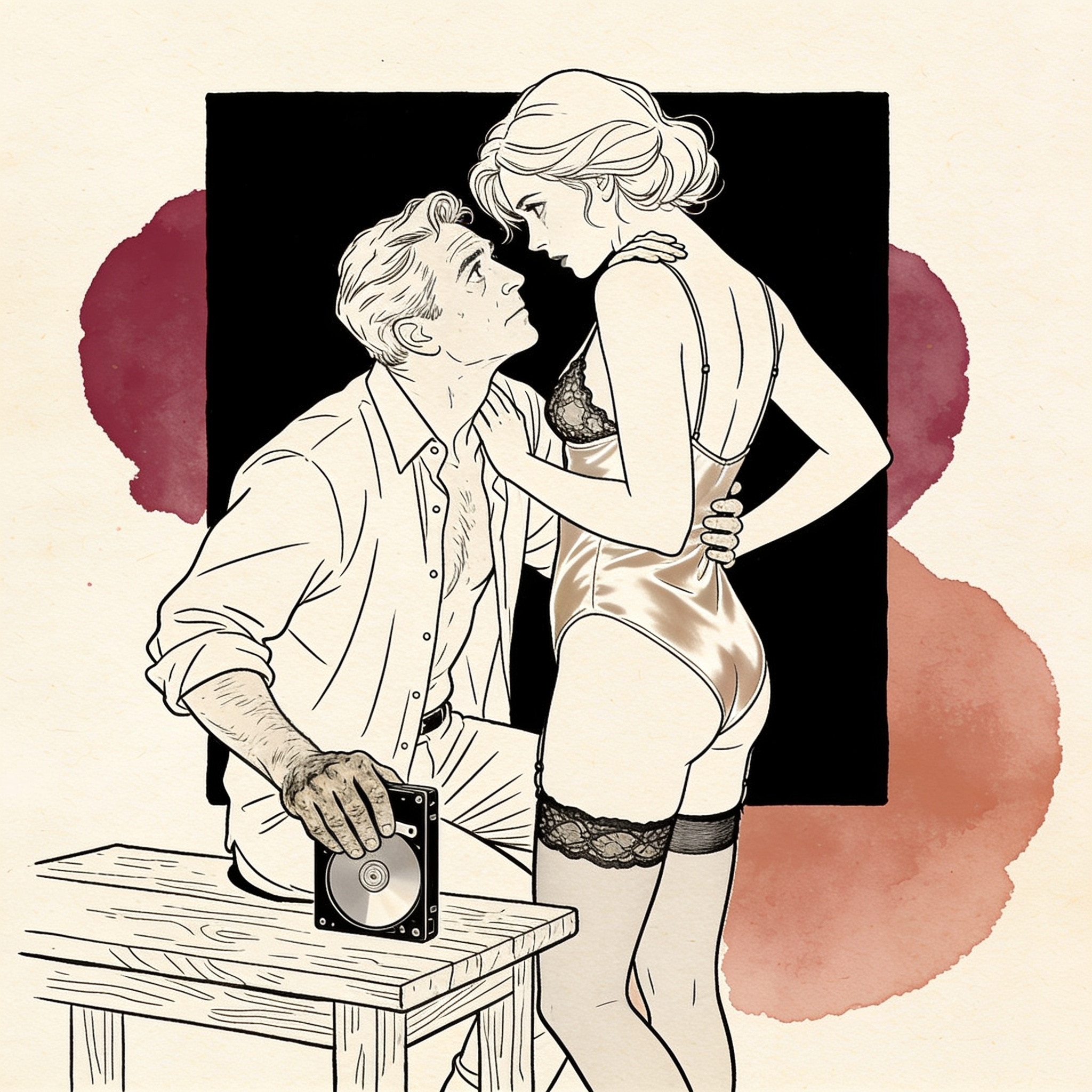 A man kneeling holds a hard drive, looking intently at a woman in a silk camisole.
