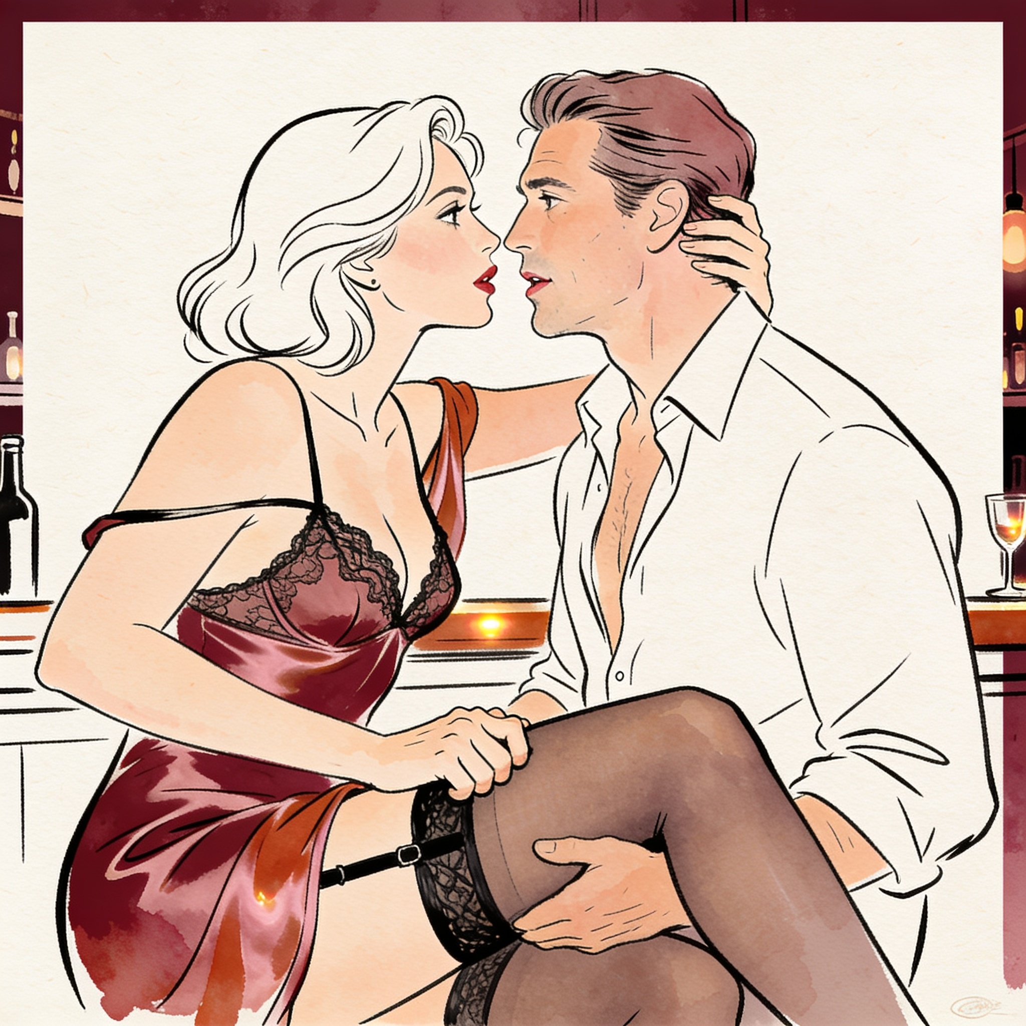 A woman whispers to a man while looking intently at a stranger across a dim bar.