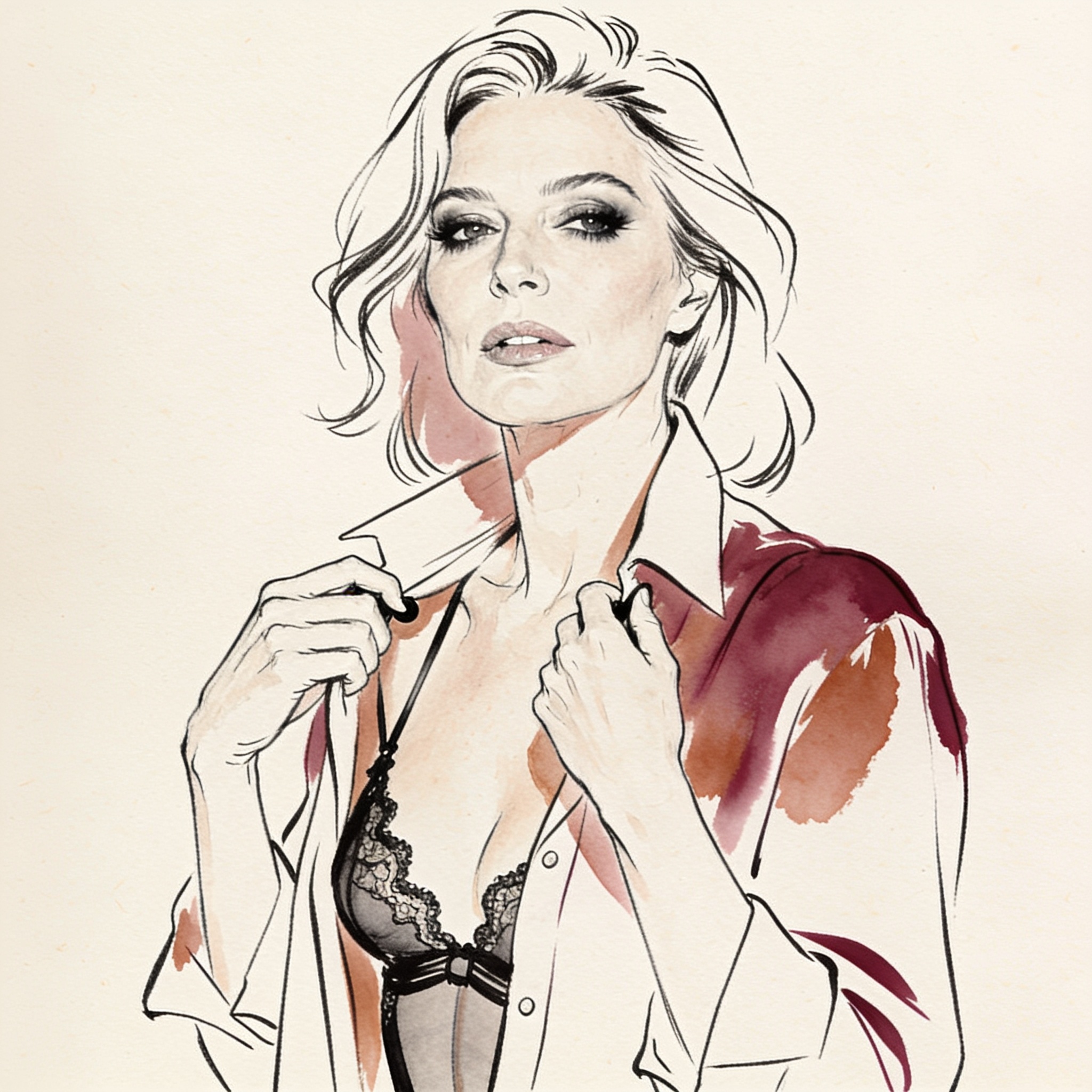 A woman pulls aside her blouse collar with a dark, hungry gaze.