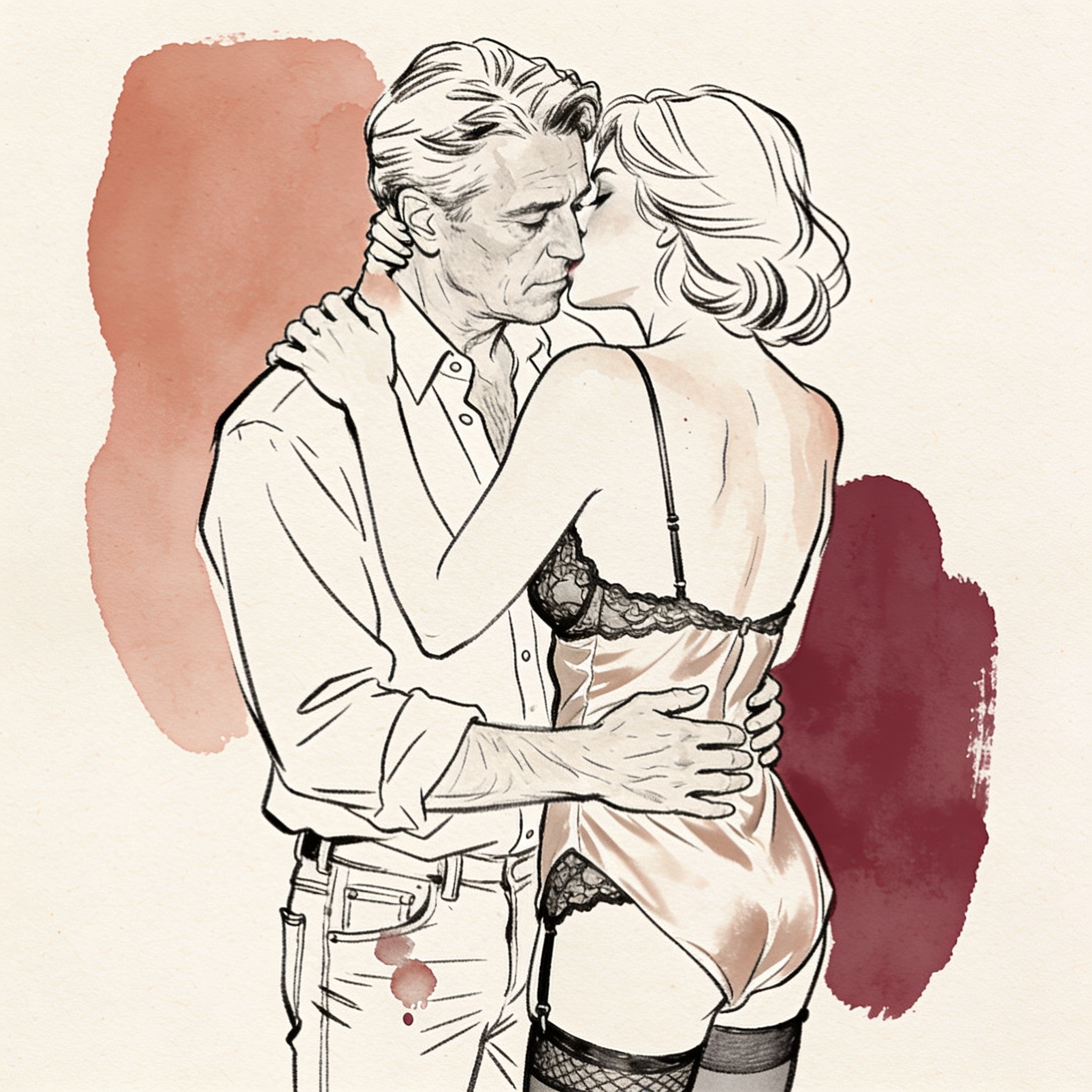 A woman whispers to a man, gripping his shirt in a crowded club, tension palpable.