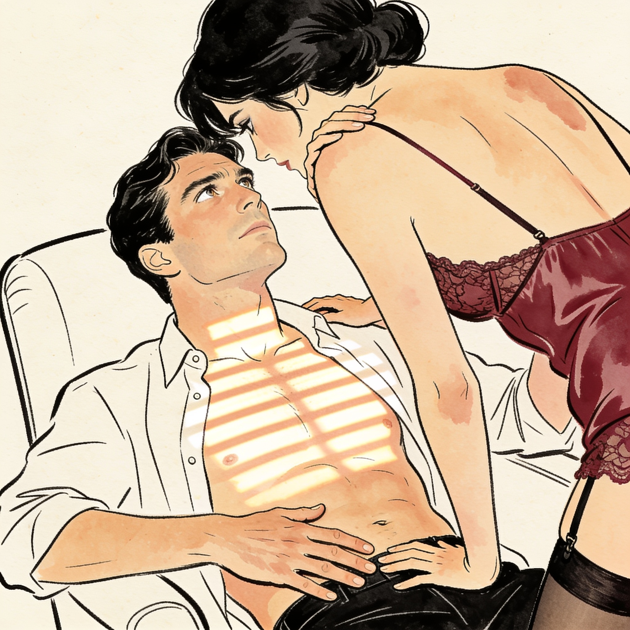 A man catches a woman watching him, their gazes locked in heated defiance.
