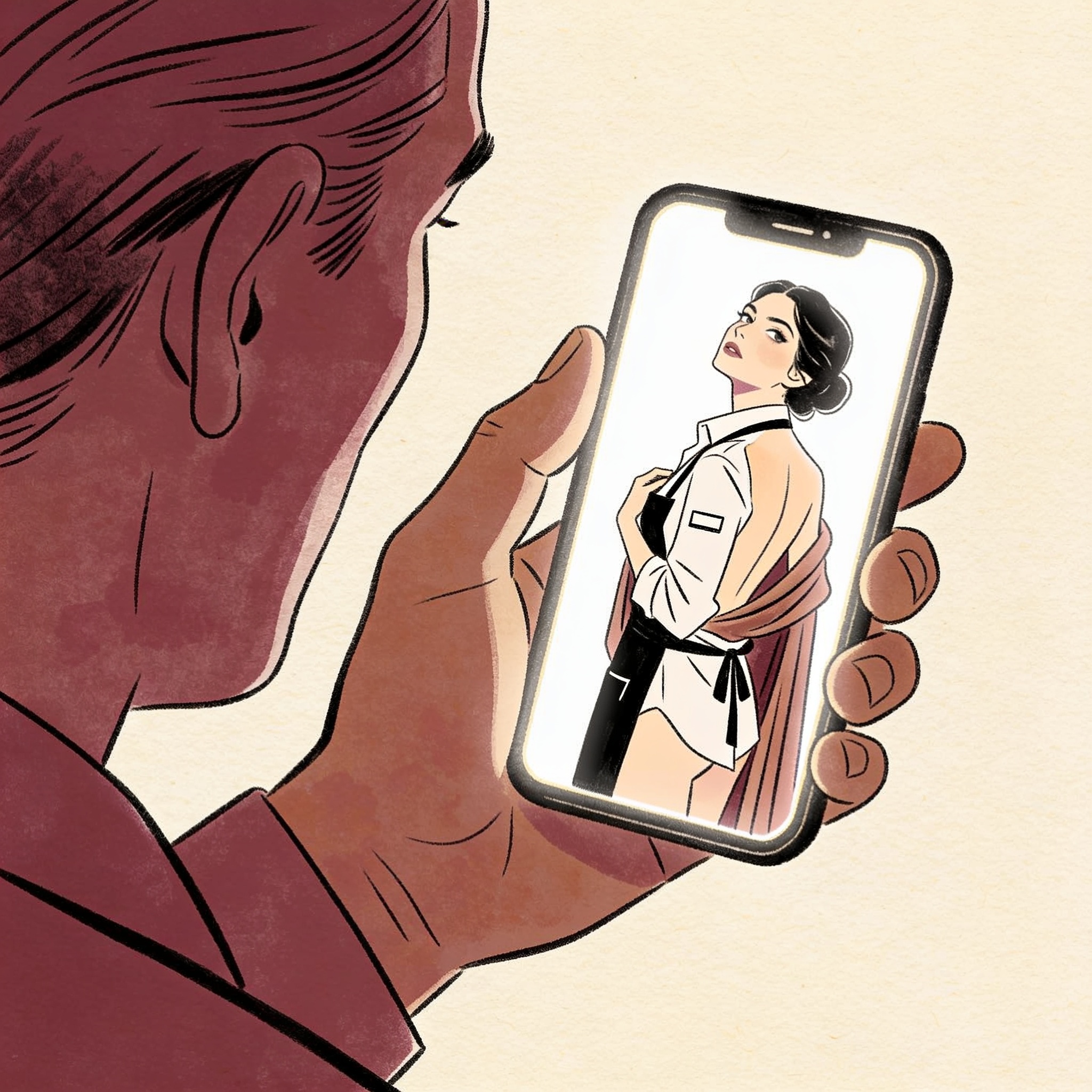 A man's hand holds a phone displaying a woman's intimate selfie in her work uniform.