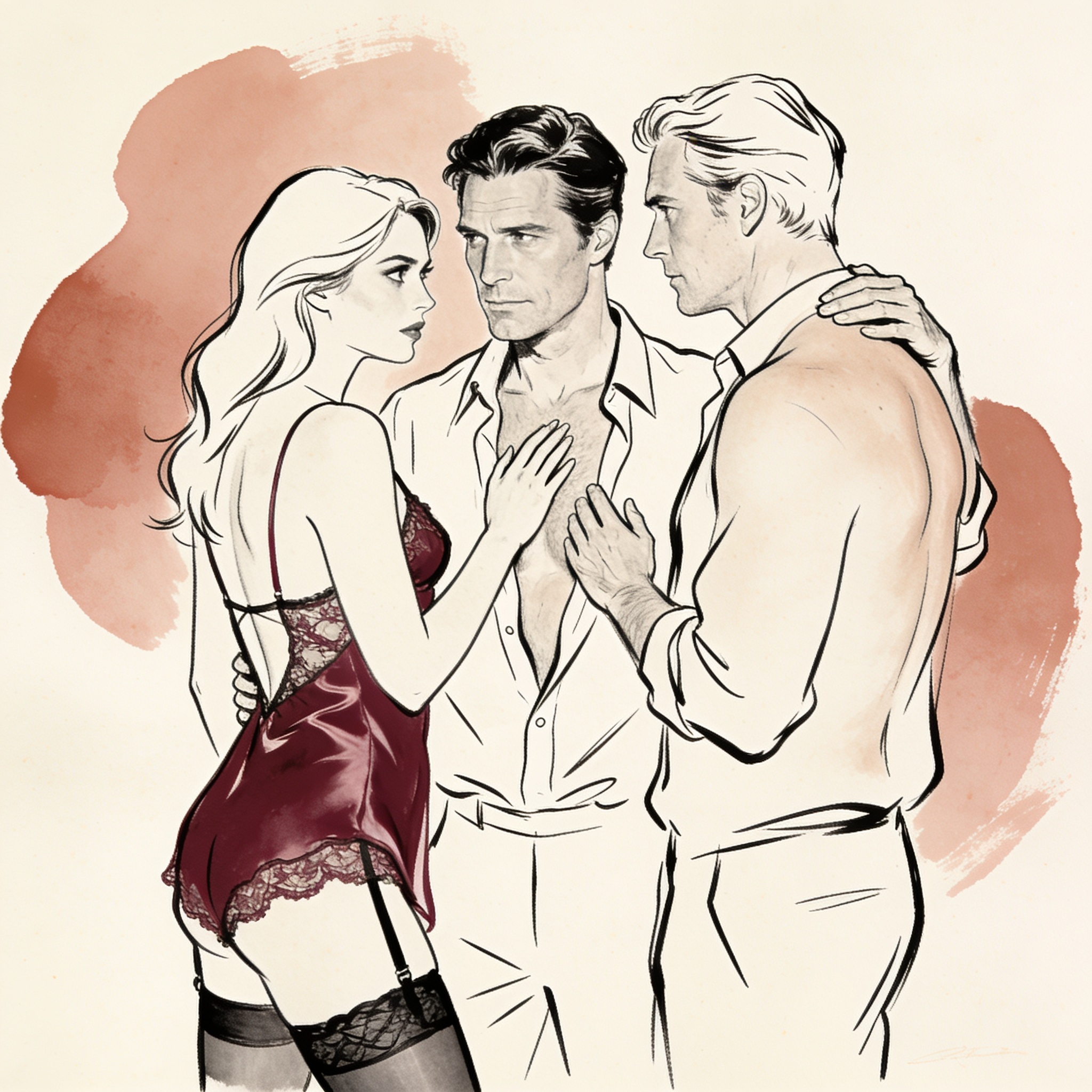 A sensual line art scene of three people in a dim bar, sharing a charged, intimate moment.