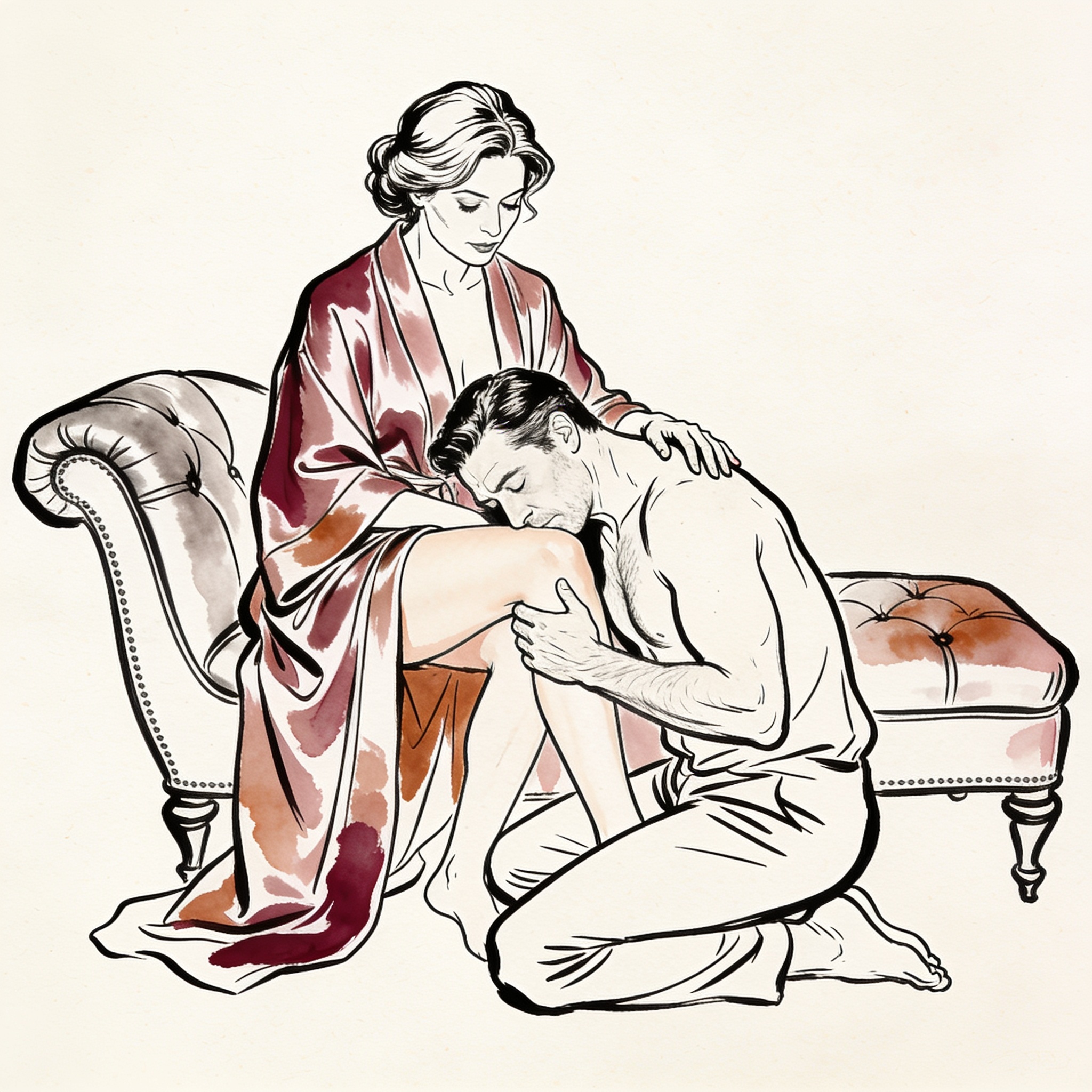 A woman on a chaise looks down at a kneeling man, her robe open, his head bowed against...