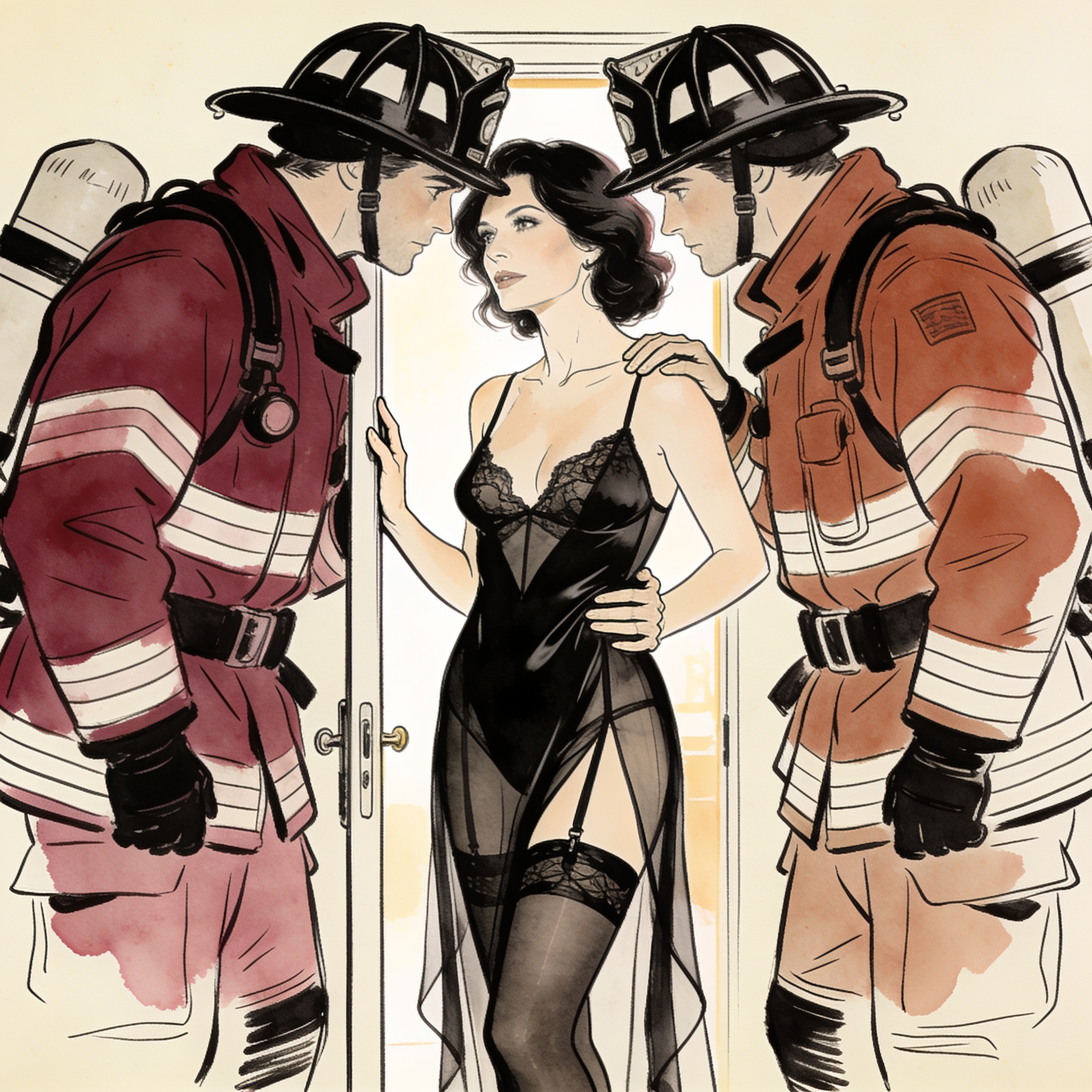 A woman in lingerie framed by two firefighters in a doorway, a moment of charged antici...