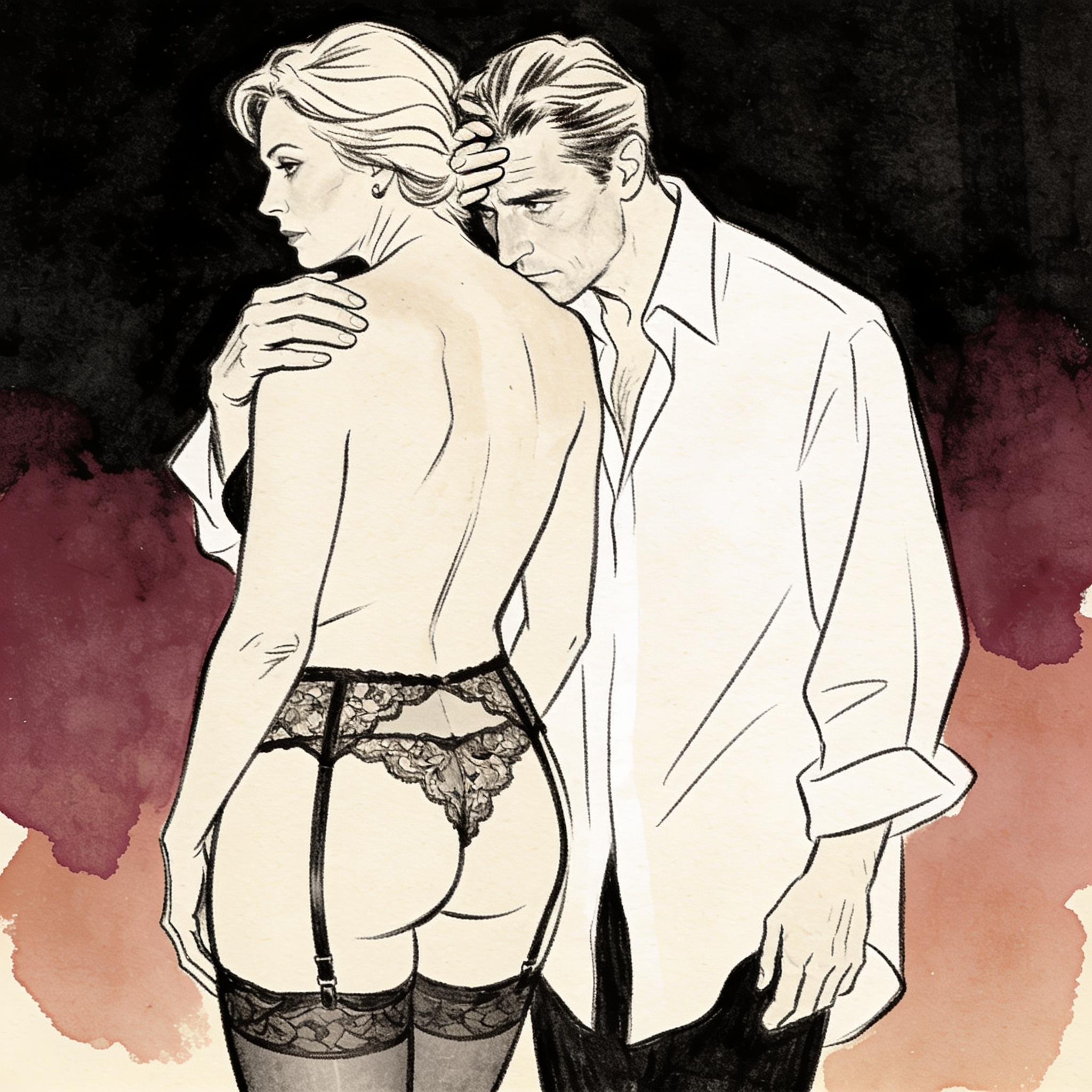 A man embraces a woman from behind in a dim studio, her back bare under his shirt.
