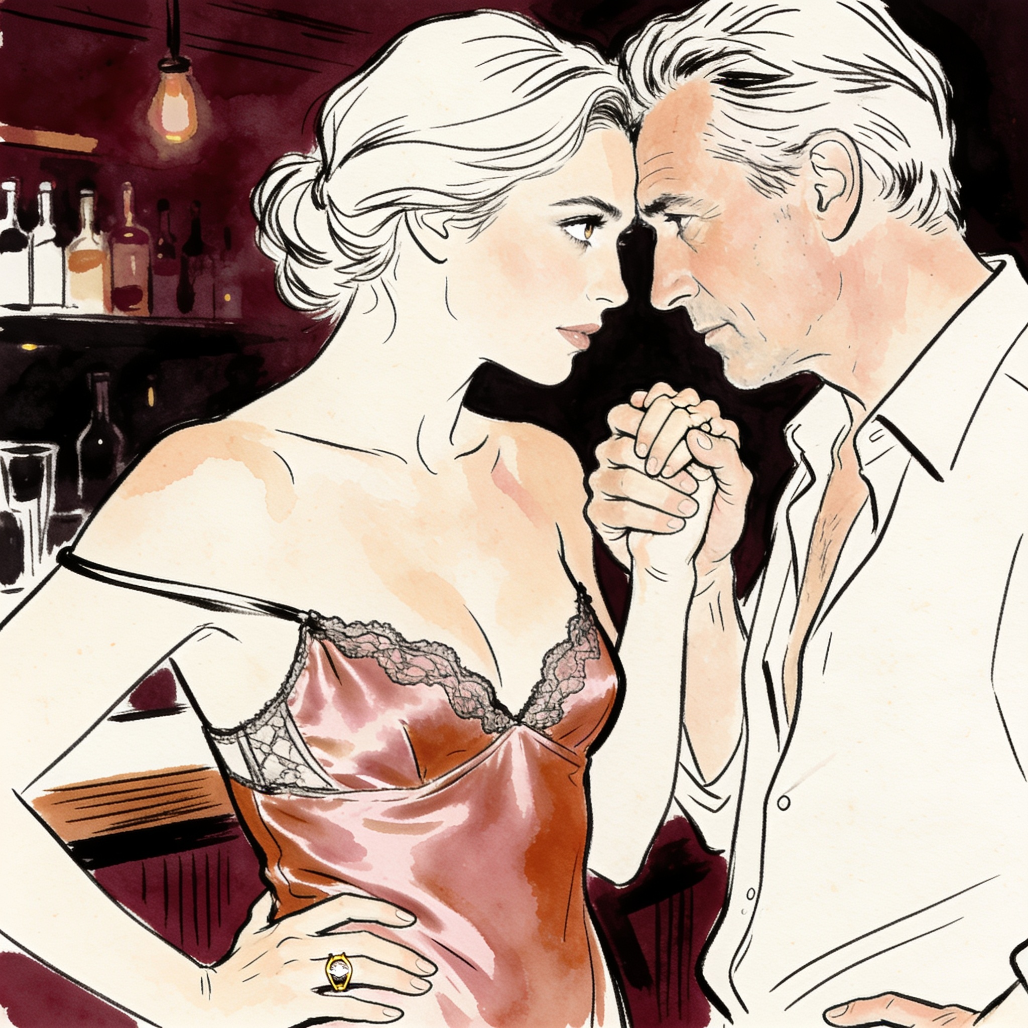 A woman and a man hold hands in a dim bar, their gazes locked with intense desire.