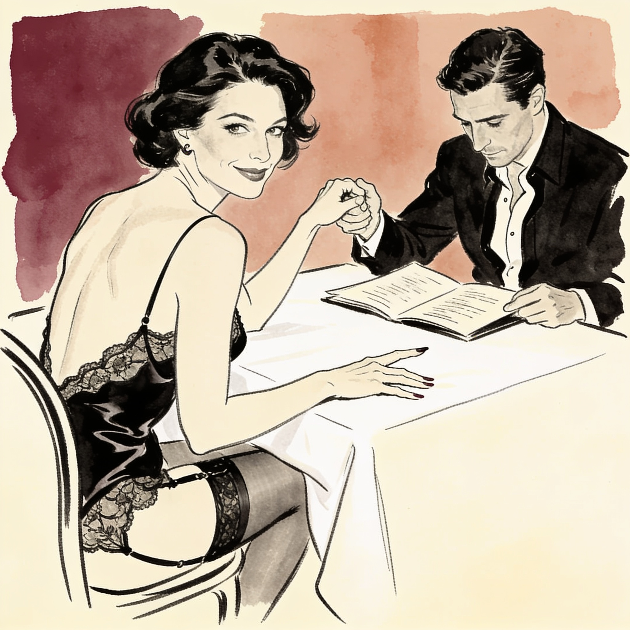 A woman at a restaurant table shares a charged, intimate gaze with a waiter while her p...