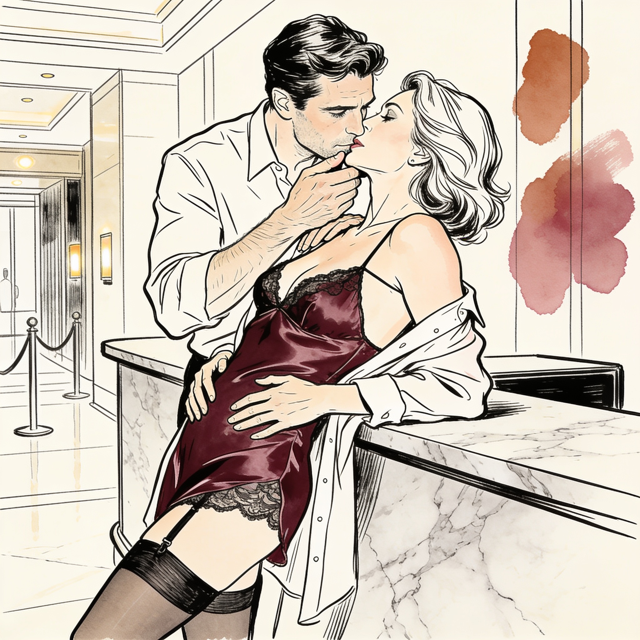 Woman in a silk slip leans against a desk, a man's hand on her jaw, intense eye contact.