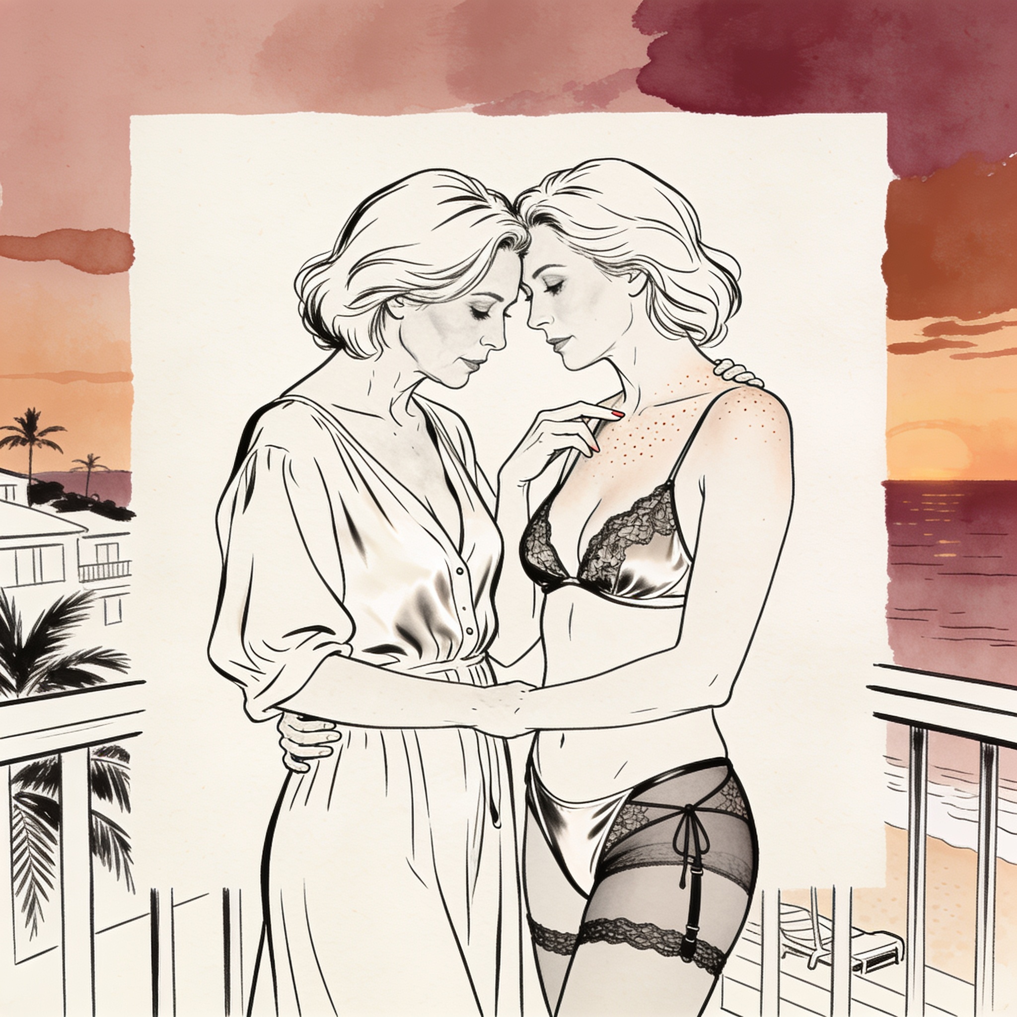 Two women on a balcony; one traces the other's collarbone.