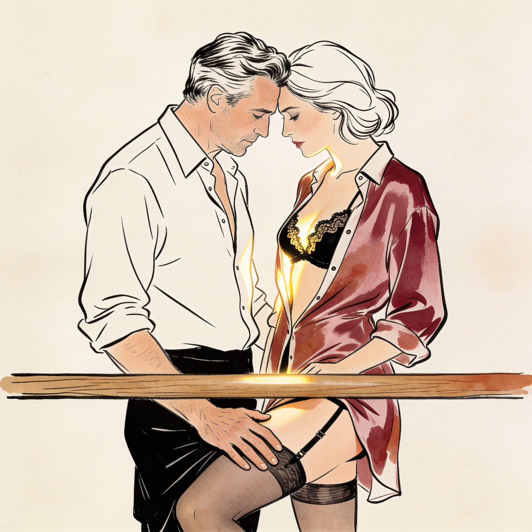 A man and woman with foreheads touching across a bar, his hand on her lace-clad thigh.