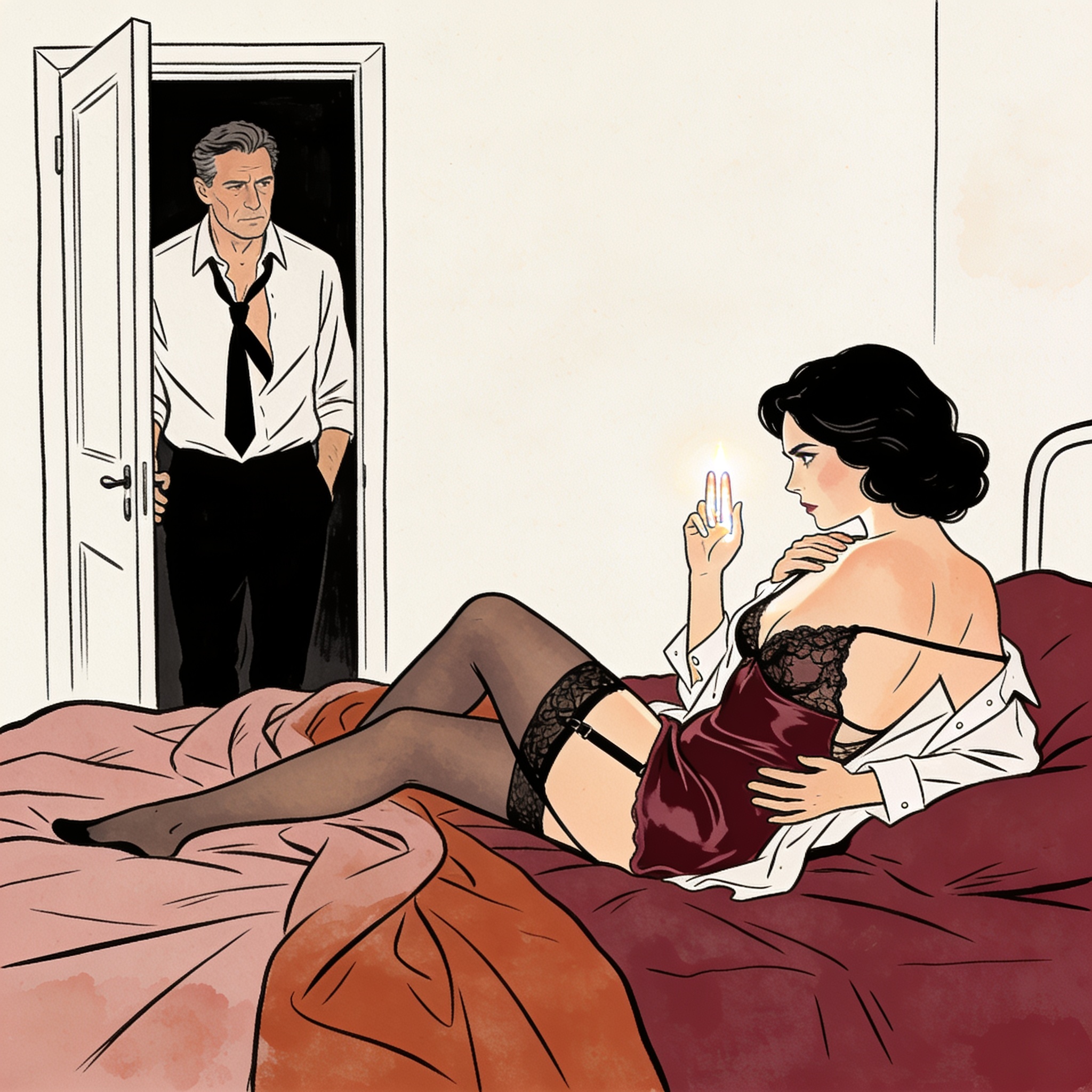 Woman in lace negligee holds up her glistening fingers, a man watches from the doorway.
