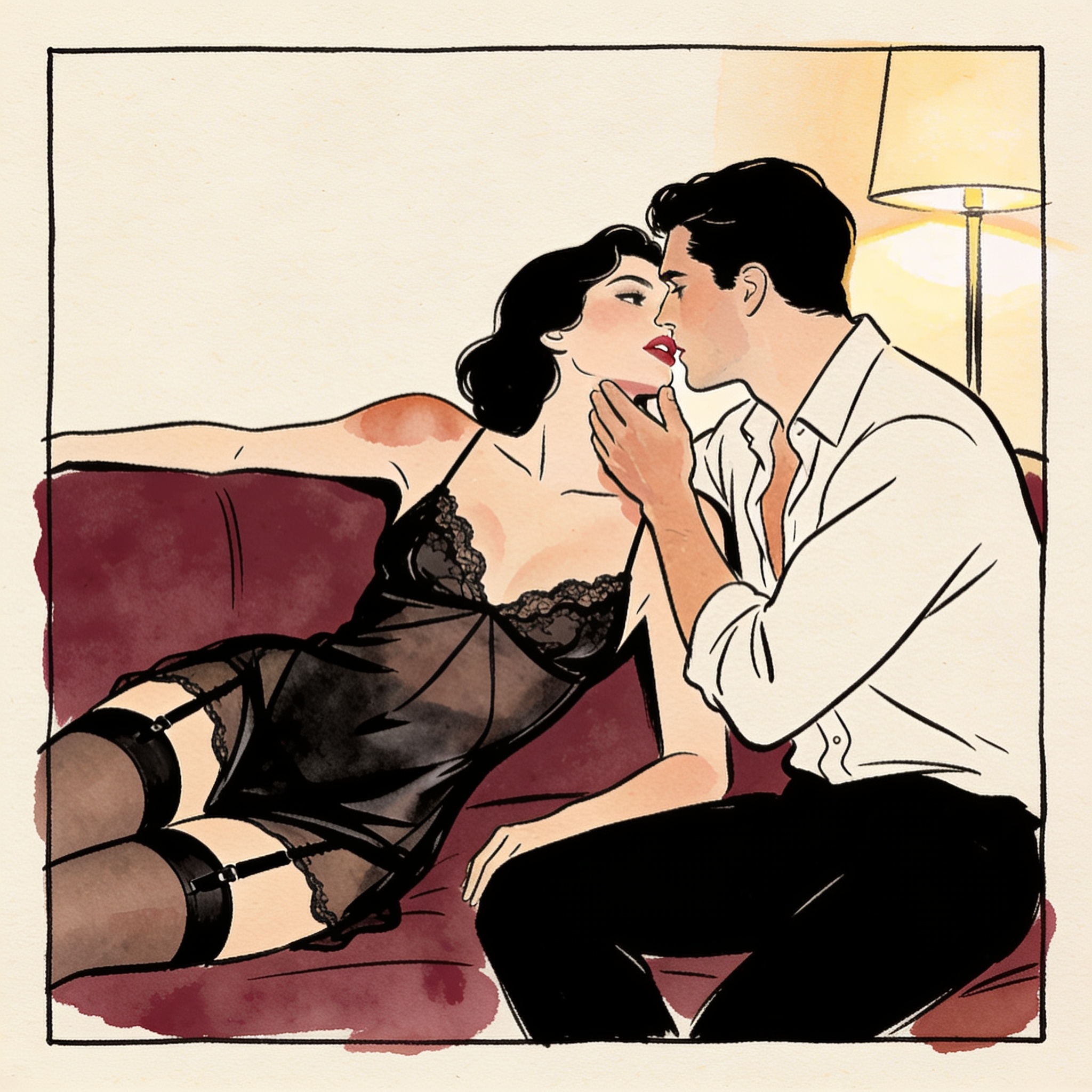 Couple on a sofa in intimate moment, foreheads touching, her in a sheer lace slip.